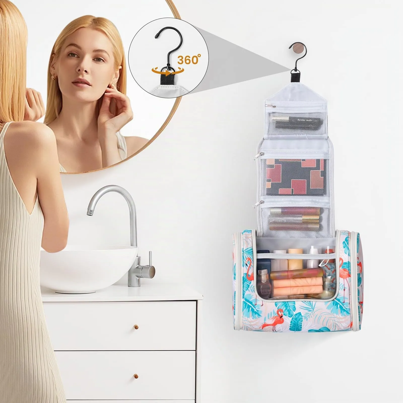Voniobuy Beauty Case da Viaggio, Grande Borsa da Toilette da Appendere per donna e Uomo, 4 in 1 Beauty Case Impermeabile con Gancio Girevole - immagine 2