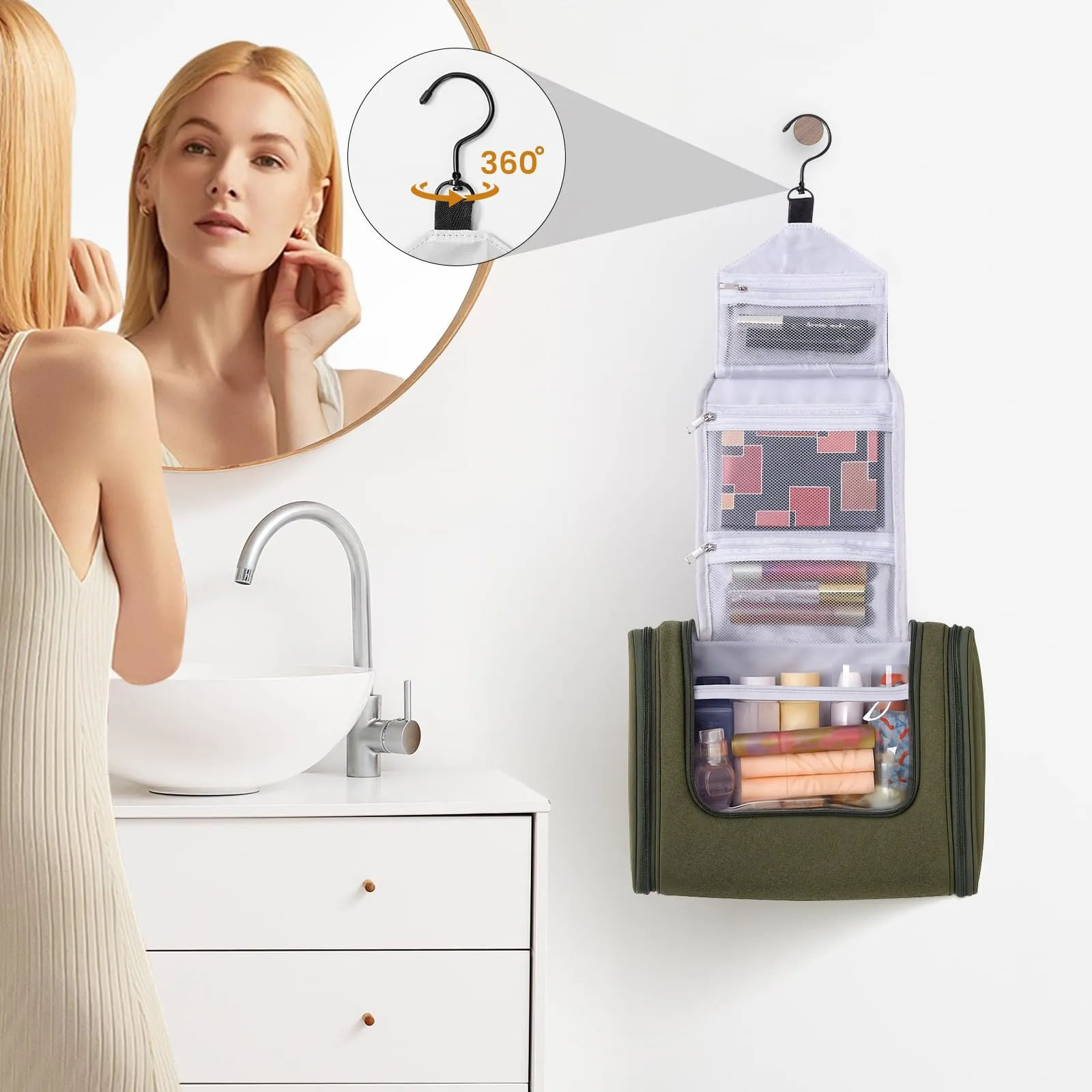 Voniobuy Beauty Case da Viaggio, Grande Borsa da Toilette da Appendere per donna e Uomo, 4 in 1 Beauty Case Impermeabile con Gancio Girevole - immagine 2