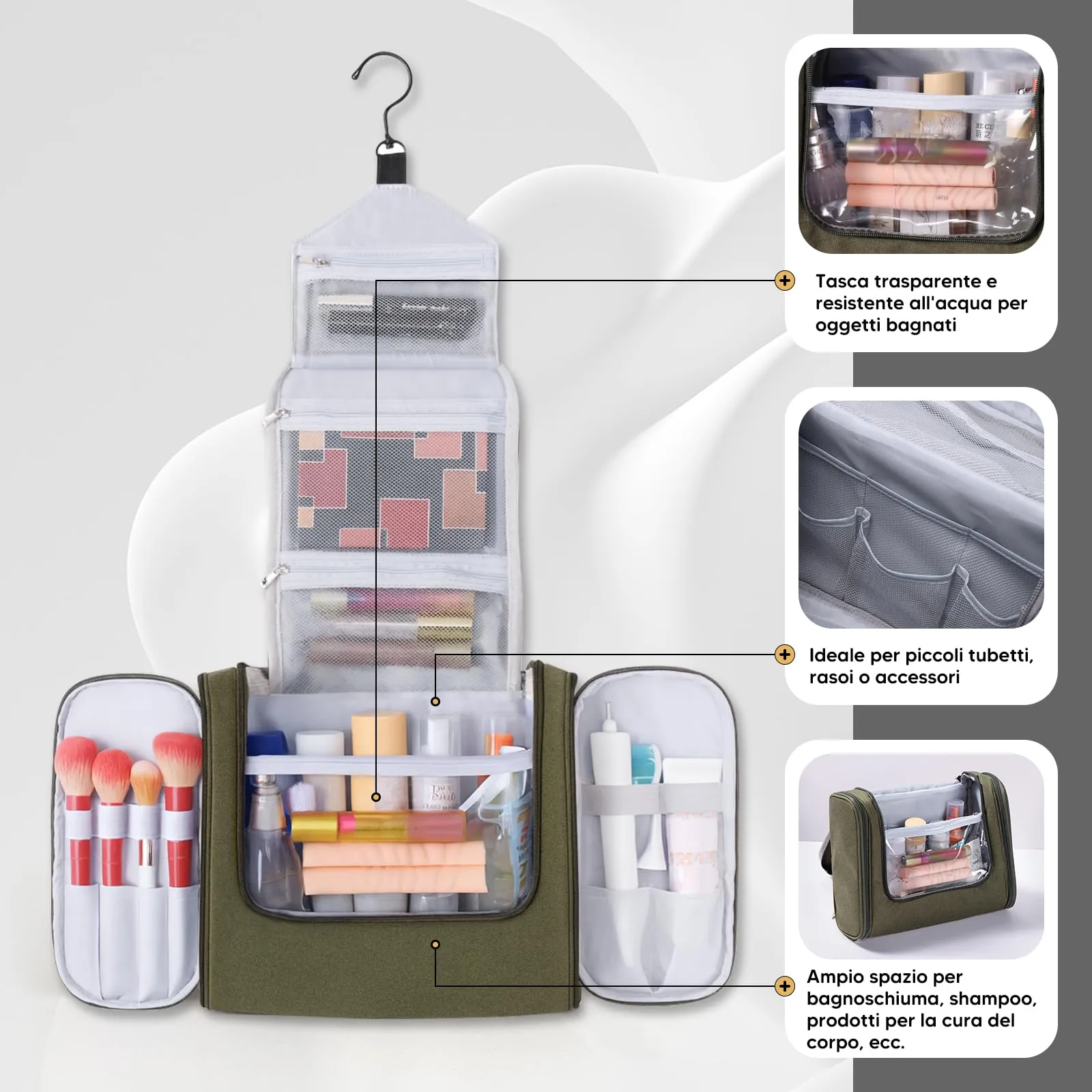 Voniobuy Beauty Case da Viaggio, Grande Borsa da Toilette da Appendere per donna e Uomo, 4 in 1 Beauty Case Impermeabile con Gancio Girevole - immagine 4