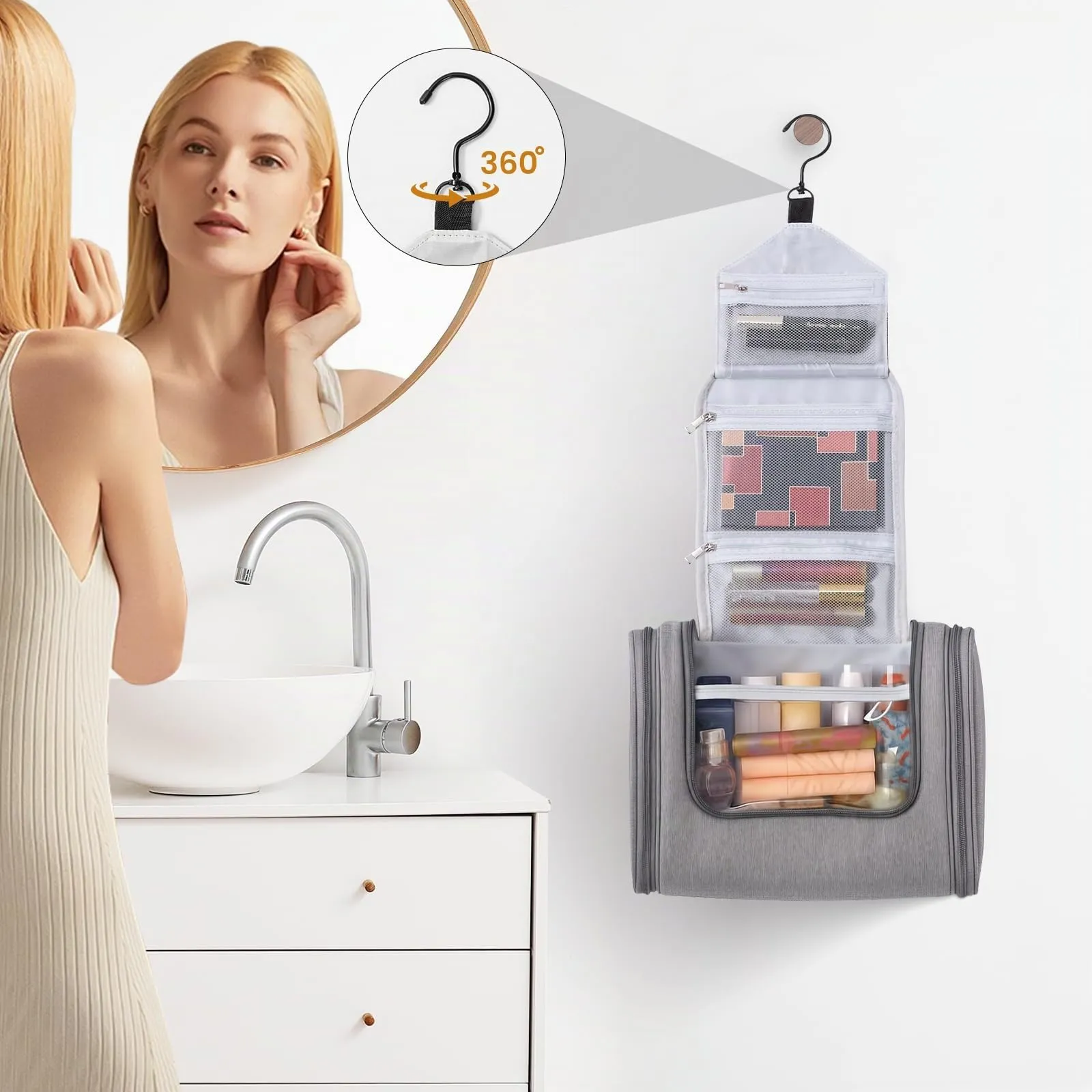Voniobuy Beauty Case da Viaggio, Grande Borsa da Toilette da Appendere per donna e Uomo, 4 in 1 Beauty Case Impermeabile con Gancio Girevole - immagine 2