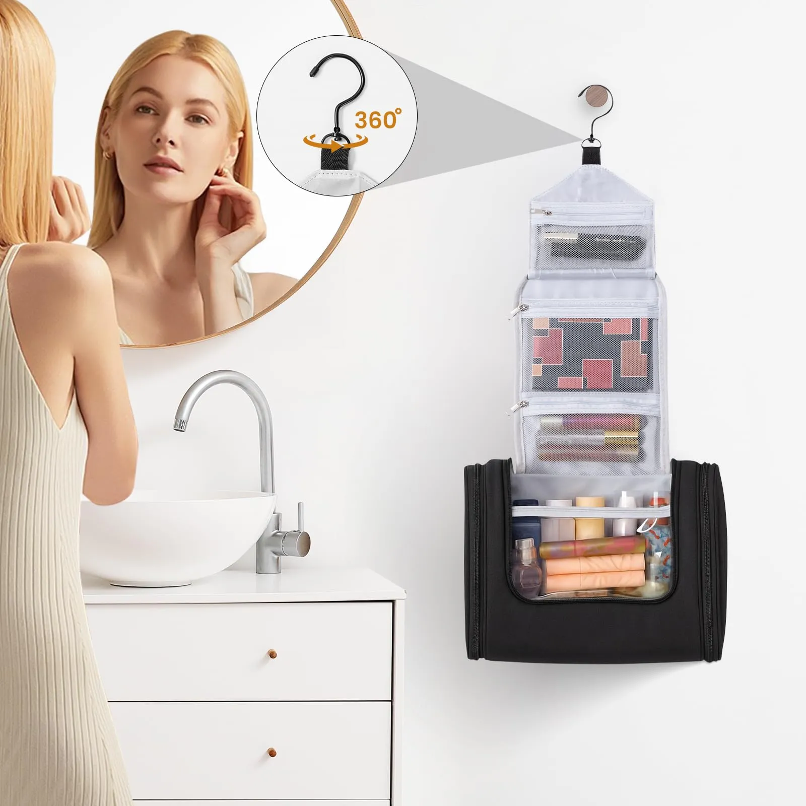 Voniobuy Beauty Case da Viaggio, Grande Borsa da Toilette da Appendere per donna e Uomo, 4 in 1 Beauty Case Impermeabile con Gancio Girevole - immagine 2
