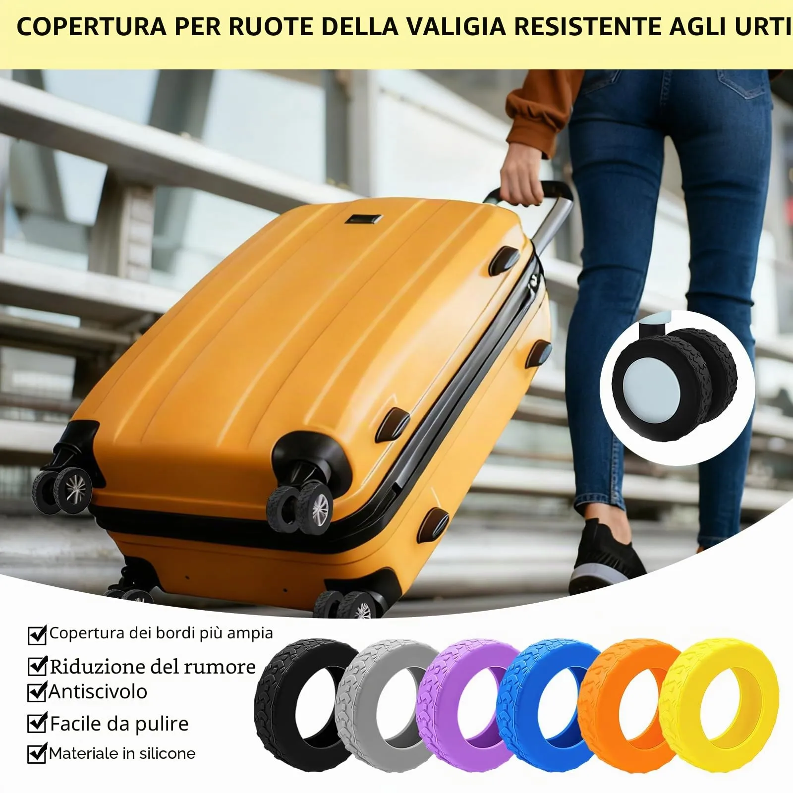8 Copri Ruote Valigia in Silicone Giallo - immagine 5