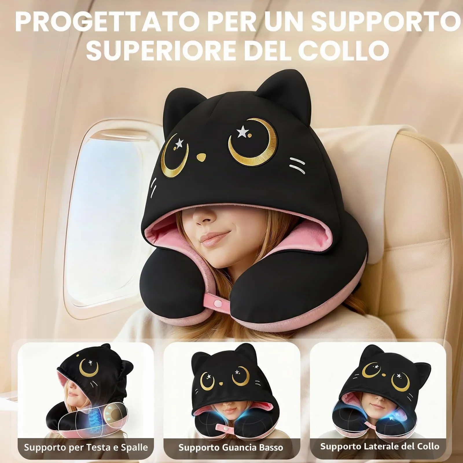 Mewaii Cuscino da viaggio con cappuccio, cuscino cervicale reversibile, aeroplano per bambini e adulti, simpatico disegno di gatti, privacy, morbido e accogliente memory foam, cuscino da viaggio per - immagine 2
