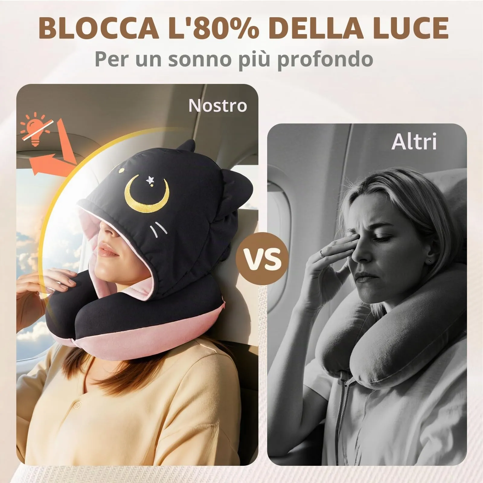 Mewaii Cuscino da viaggio con cappuccio, cuscino cervicale reversibile, aeroplano per bambini e adulti, simpatico disegno di gatti, privacy, morbido e accogliente memory foam, cuscino da viaggio per - immagine 3