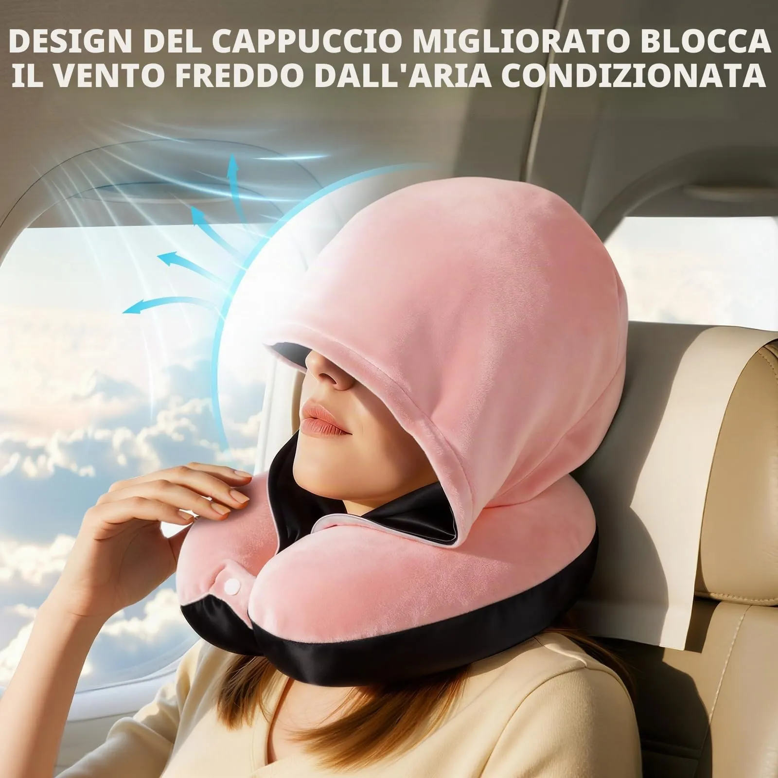 Mewaii Cuscino da viaggio con cappuccio, cuscino cervicale reversibile, aeroplano per bambini e adulti, simpatico disegno di gatti, privacy, morbido e accogliente memory foam, cuscino da viaggio per - immagine 4
