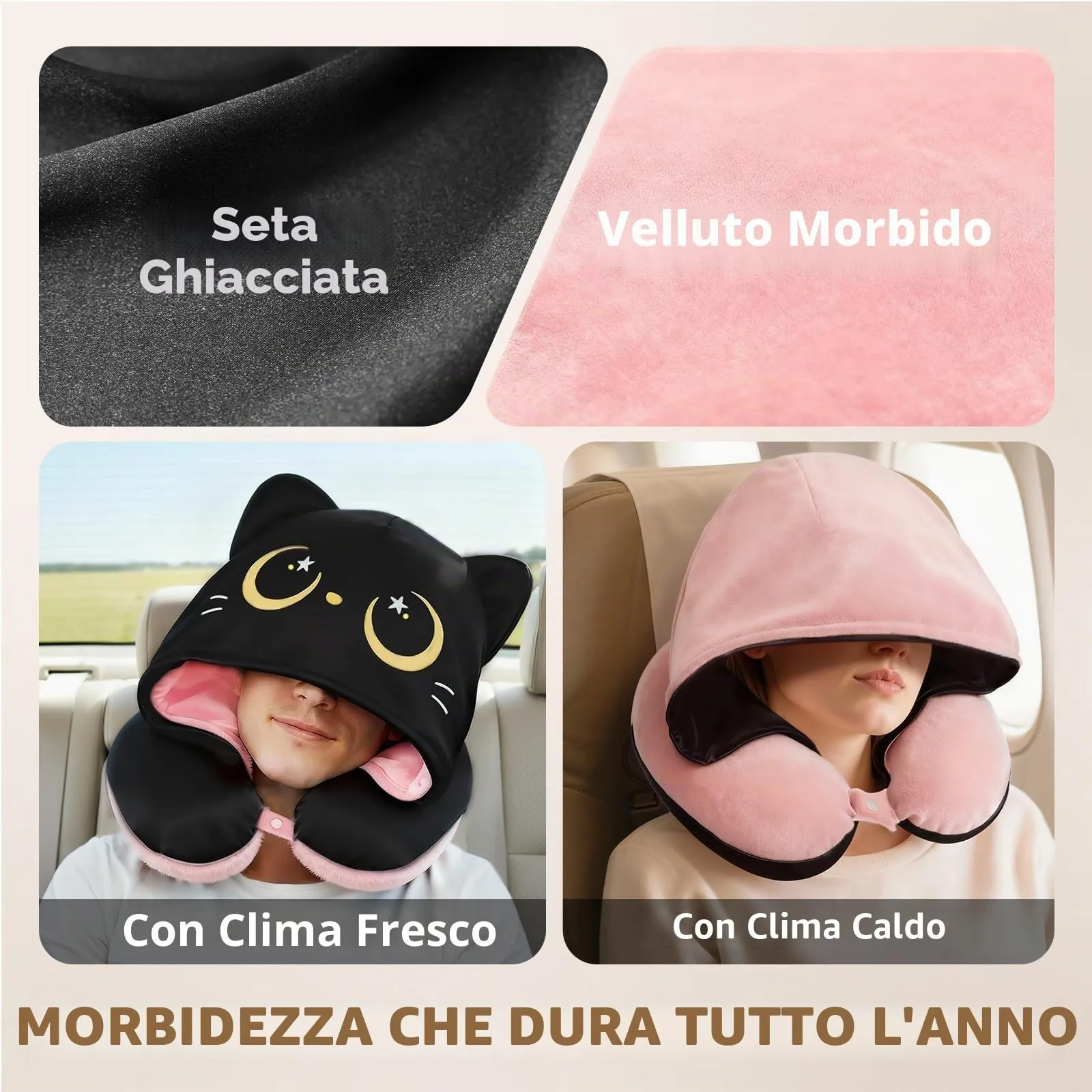 Mewaii Cuscino da viaggio con cappuccio, cuscino cervicale reversibile, aeroplano per bambini e adulti, simpatico disegno di gatti, privacy, morbido e accogliente memory foam, cuscino da viaggio per - immagine 5