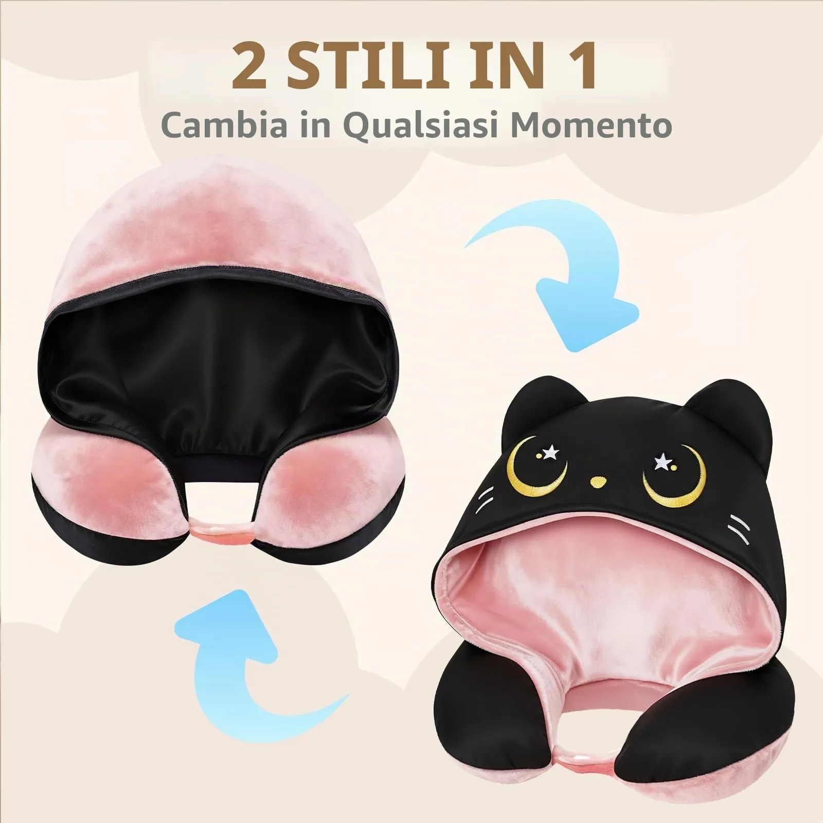 Mewaii Cuscino da viaggio con cappuccio, cuscino cervicale reversibile, aeroplano per bambini e adulti, simpatico disegno di gatti, privacy, morbido e accogliente memory foam, cuscino da viaggio per - immagine 6