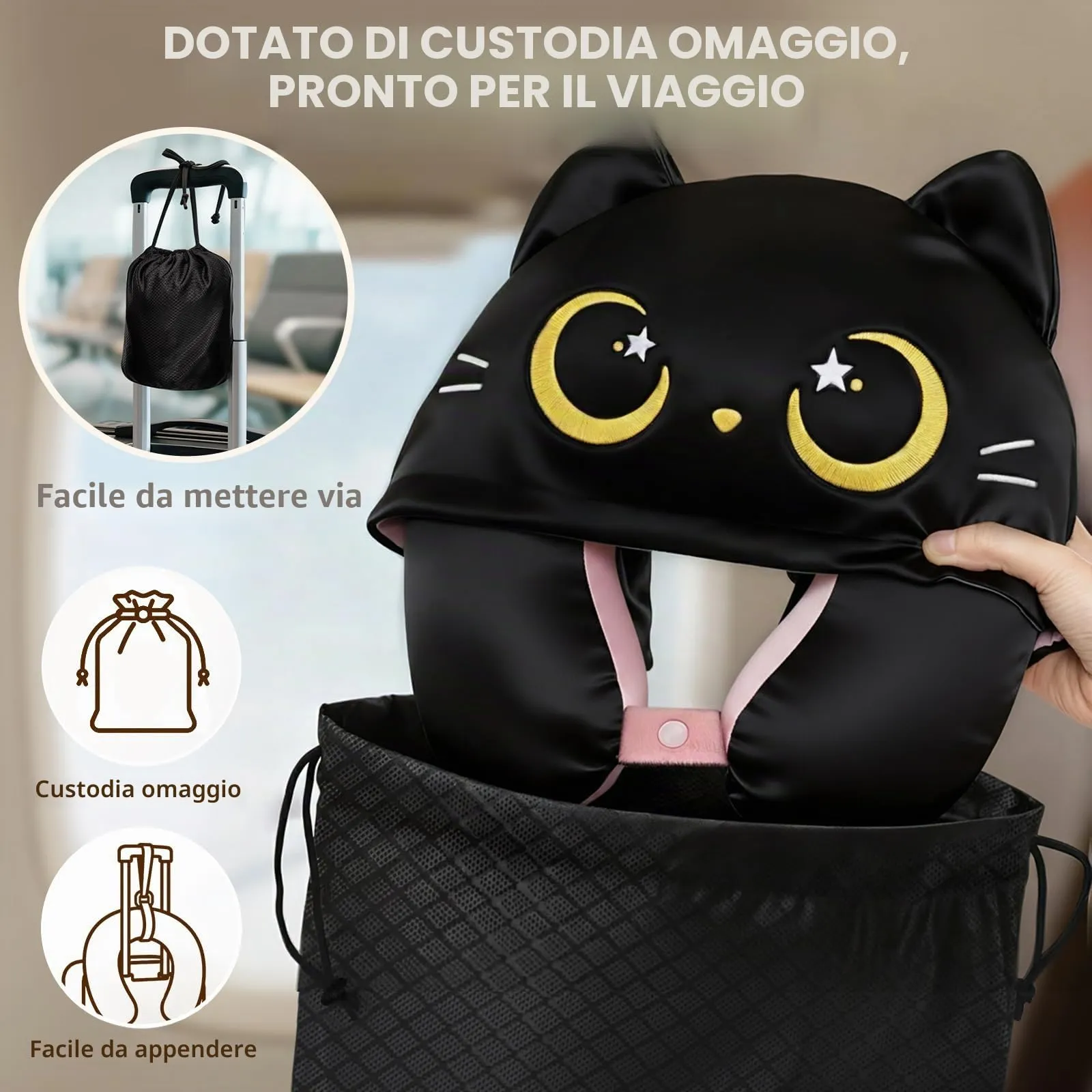 Mewaii Cuscino da viaggio con cappuccio, cuscino cervicale reversibile, aeroplano per bambini e adulti, simpatico disegno di gatti, privacy, morbido e accogliente memory foam, cuscino da viaggio per - immagine 8