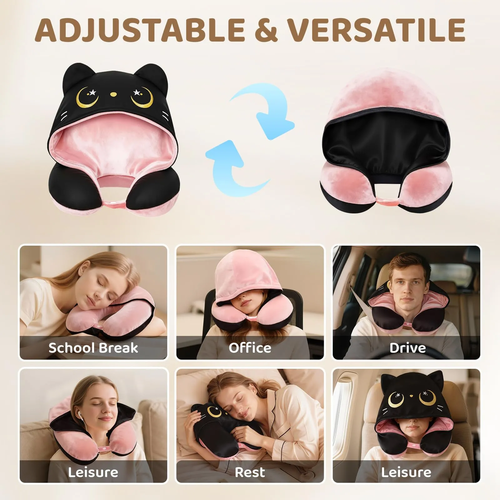 Mewaii Cuscino da viaggio con cappuccio, cuscino cervicale reversibile, aeroplano per bambini e adulti, simpatico disegno di gatti, privacy, morbido e accogliente memory foam, cuscino da viaggio per - immagine 9