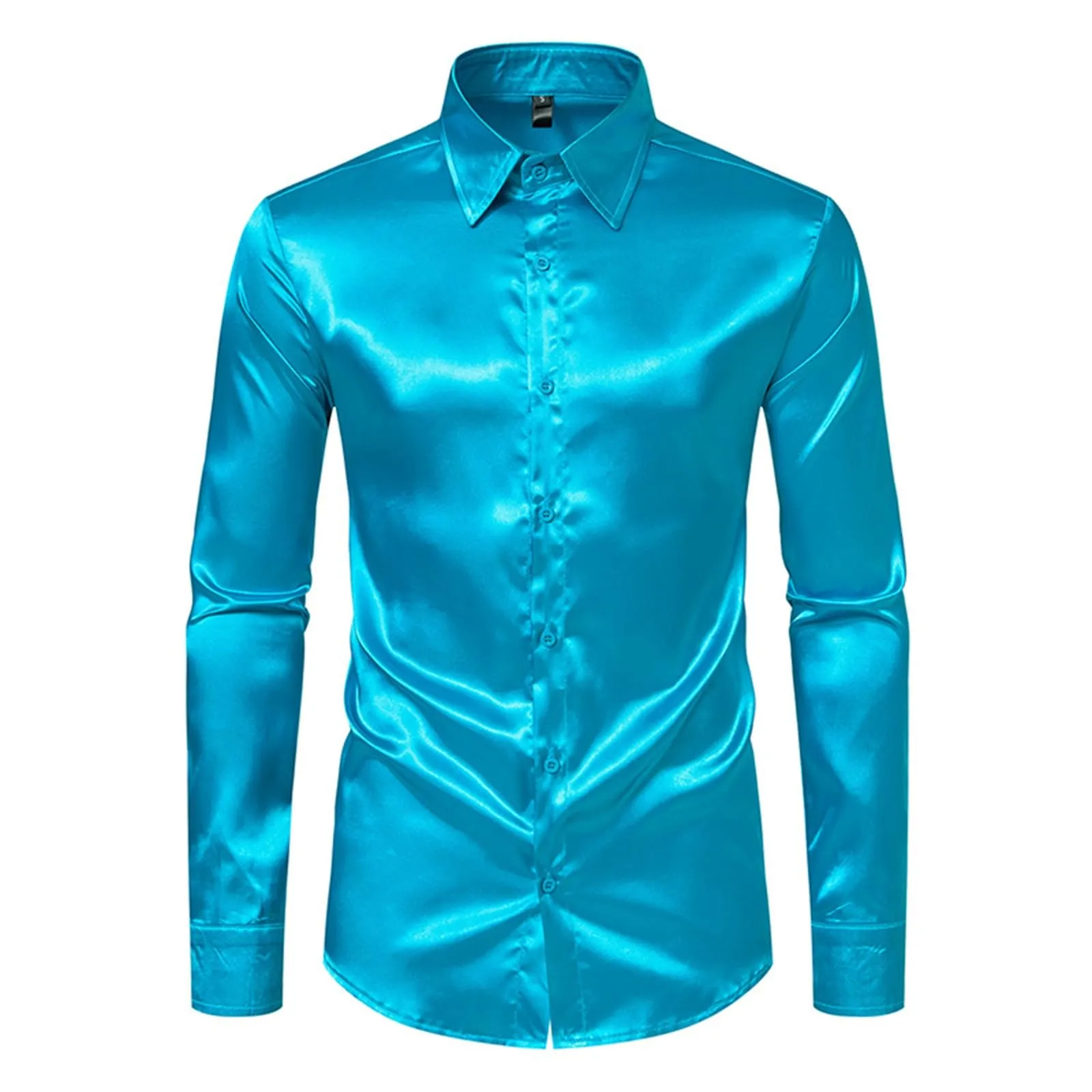 VEMOW Camicia Elegante Uomo in Seta Simile a Raso Lucida - A Bottoni a Maniche Lunghe Slim Fit, Top per Nightclub, Feste, Disco e Prom(1A-Blue, L) - immagine 3