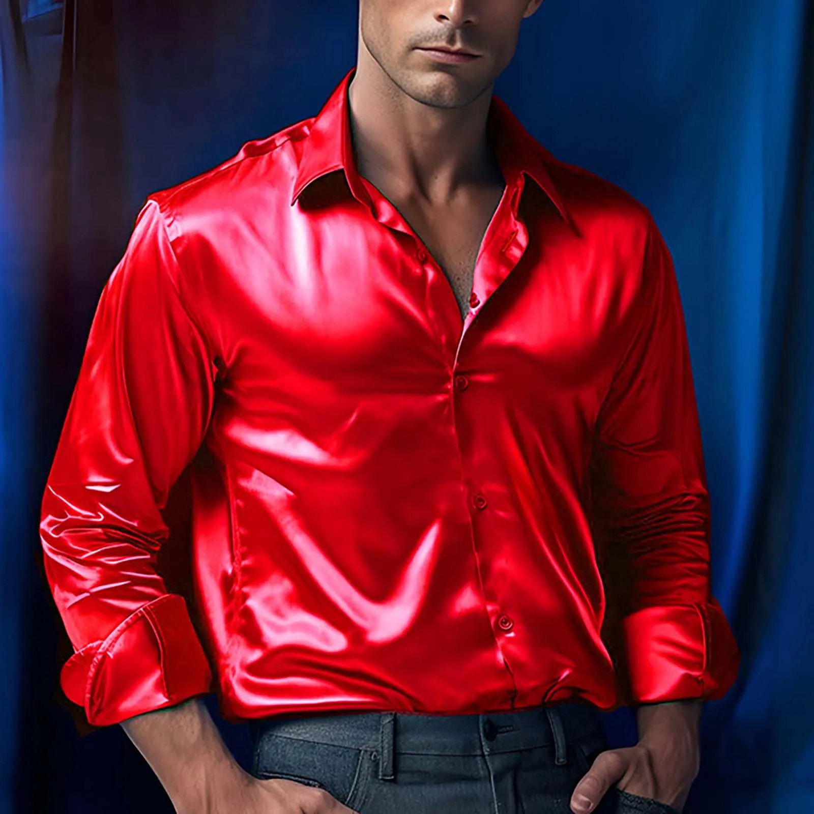 VEMOW Camicia Elegante Uomo in Seta Simile a Raso Lucida - A Bottoni a Maniche Lunghe Slim Fit, Top per Nightclub, Feste, Disco e Prom(1A-Red, S) - immagine 2