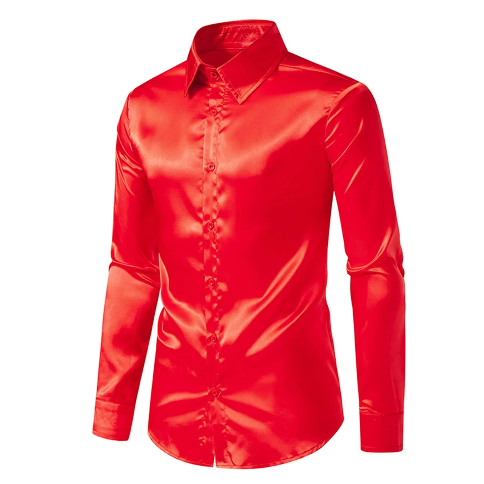 VEMOW Camicia Elegante Uomo in Seta Simile a Raso Lucida - A Bottoni a Maniche Lunghe Slim Fit, Top per Nightclub, Feste, Disco e Prom(1A-Red, S) - immagine 4