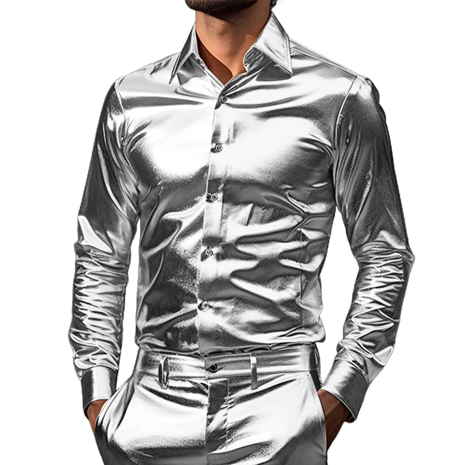 VEMOW Camicia Elegante Uomo in Seta Simile a Raso Lucida - A Bottoni a Maniche Lunghe Slim Fit, Top per Nightclub, Feste, Disco e Prom(1B-Silver, S) - immagine 1
