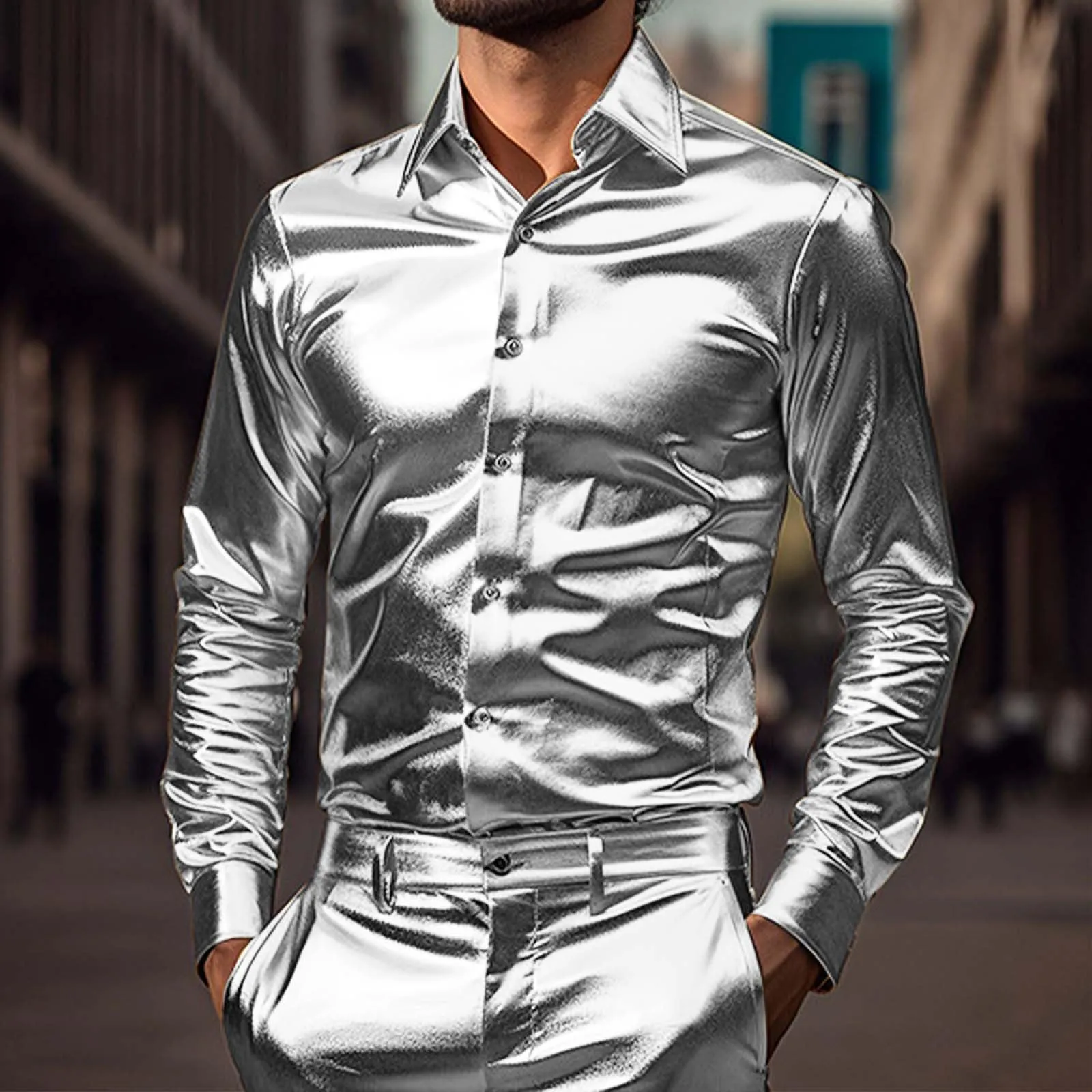 VEMOW Camicia Elegante Uomo in Seta Simile a Raso Lucida - A Bottoni a Maniche Lunghe Slim Fit, Top per Nightclub, Feste, Disco e Prom(1B-Silver, S) - immagine 2