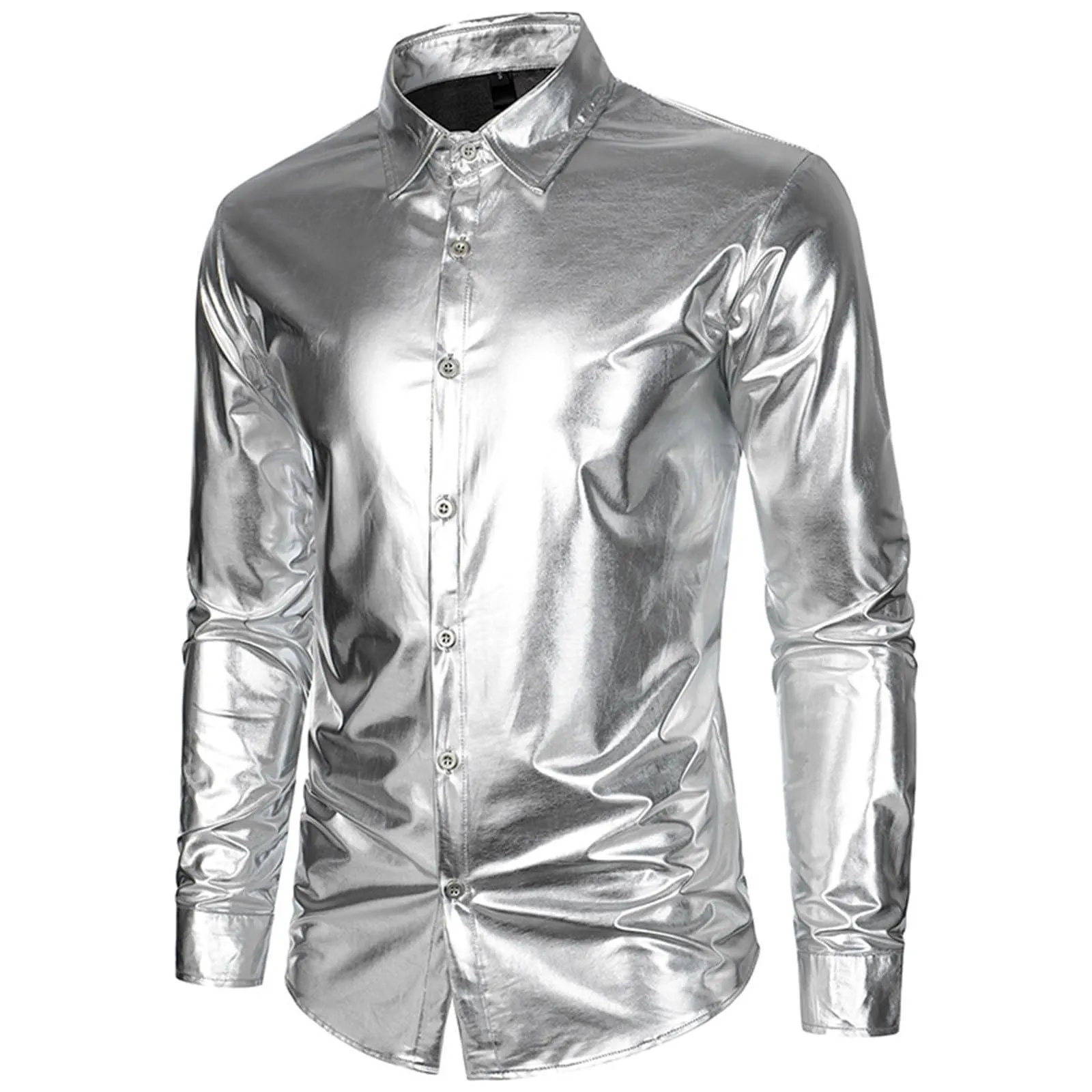 VEMOW Camicia Elegante Uomo in Seta Simile a Raso Lucida - A Bottoni a Maniche Lunghe Slim Fit, Top per Nightclub, Feste, Disco e Prom(1B-Silver, S) - immagine 4