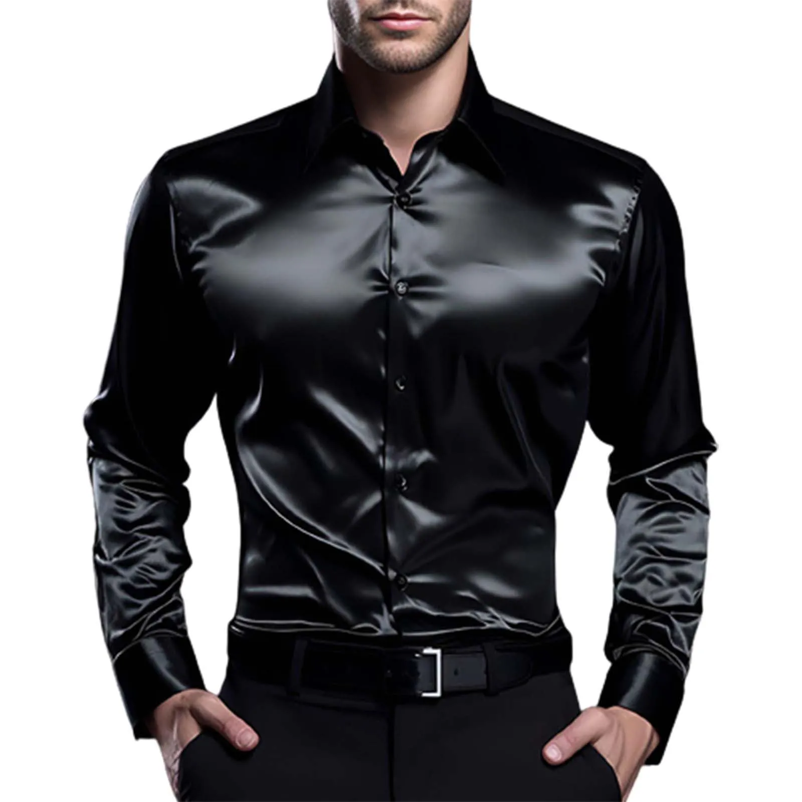 VEMOW Camicia Elegante Uomo in Seta Simile a Raso Lucida - A Bottoni a Maniche Lunghe Slim Fit, Top per Nightclub, Feste, Disco e Prom(1A-Black, L) - immagine 1