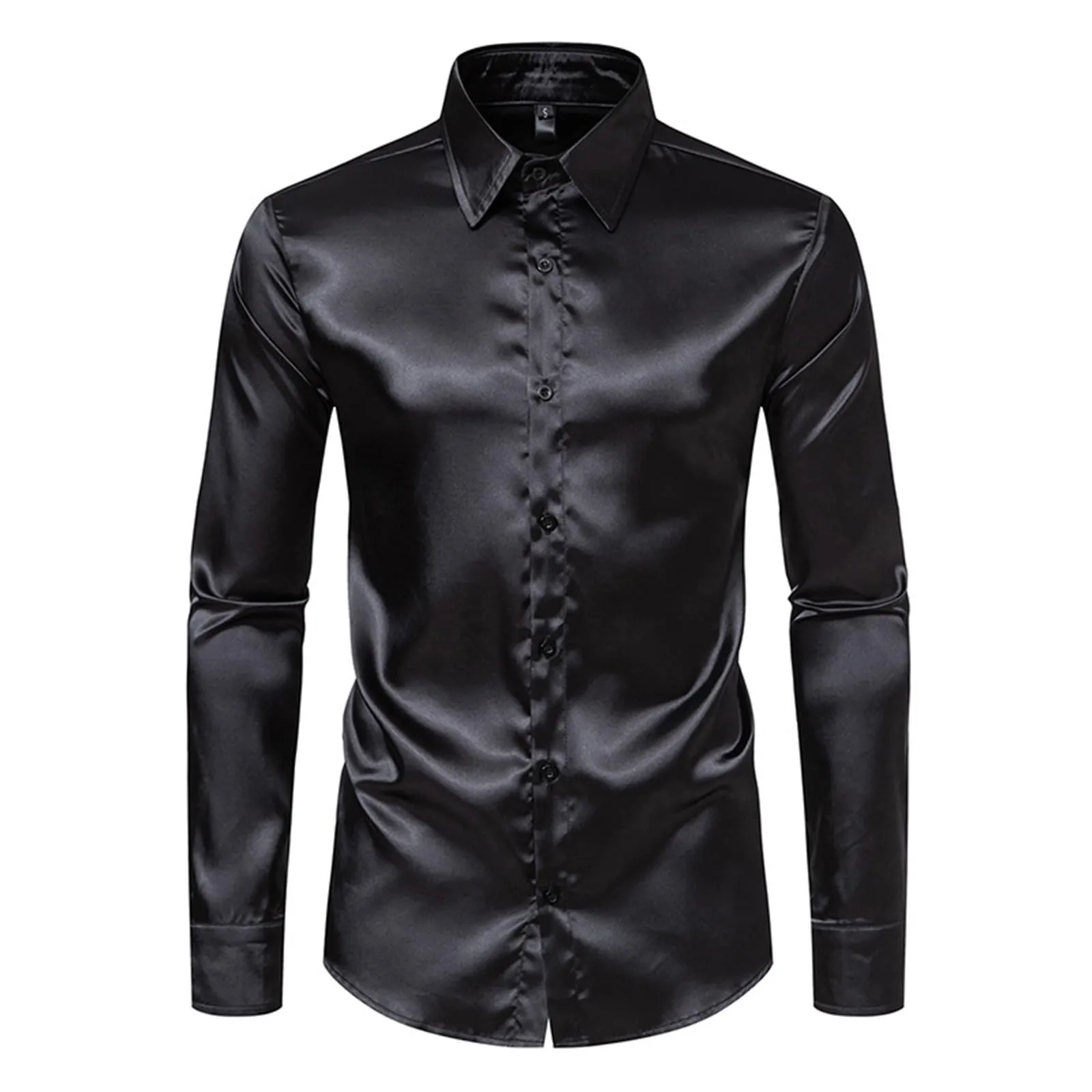 VEMOW Camicia Elegante Uomo in Seta Simile a Raso Lucida - A Bottoni a Maniche Lunghe Slim Fit, Top per Nightclub, Feste, Disco e Prom(1A-Black, L) - immagine 3
