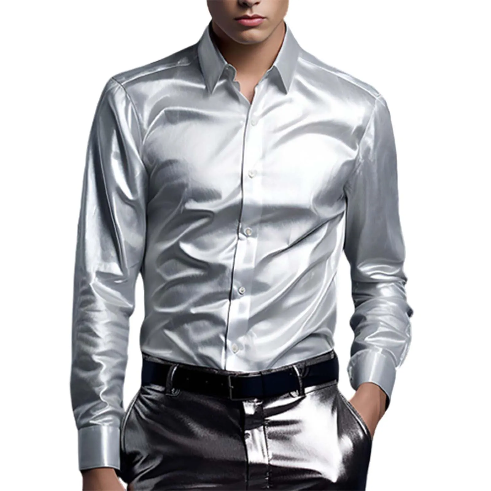 VEMOW Camicia Elegante Uomo in Seta Simile a Raso Lucida - A Bottoni a Maniche Lunghe Slim Fit, Top per Nightclub, Feste, Disco e Prom(1A-Grey, L) - immagine 1