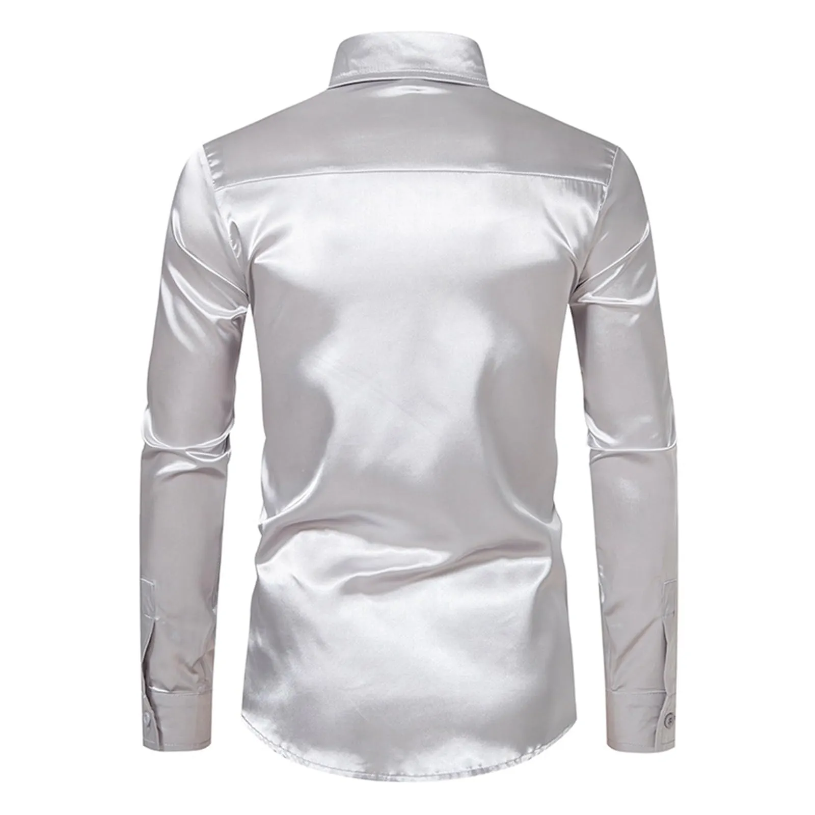 VEMOW Camicia Elegante Uomo in Seta Simile a Raso Lucida - A Bottoni a Maniche Lunghe Slim Fit, Top per Nightclub, Feste, Disco e Prom(1A-Grey, L) - immagine 4