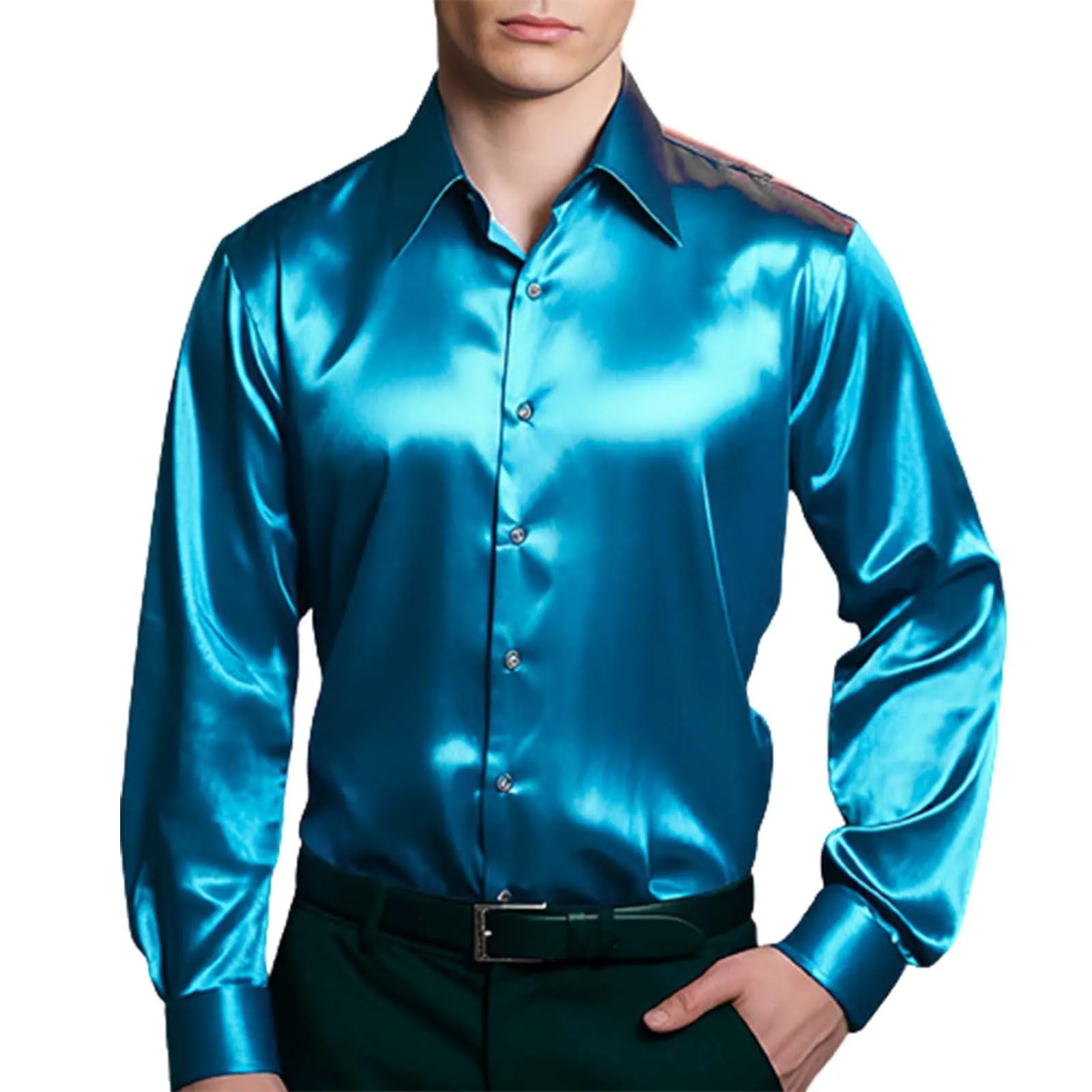 VEMOW Camicia Elegante Uomo in Seta Simile a Raso Lucida - A Bottoni a Maniche Lunghe Slim Fit, Top per Nightclub, Feste, Disco e Prom(1A-Blue, XL) - immagine 1