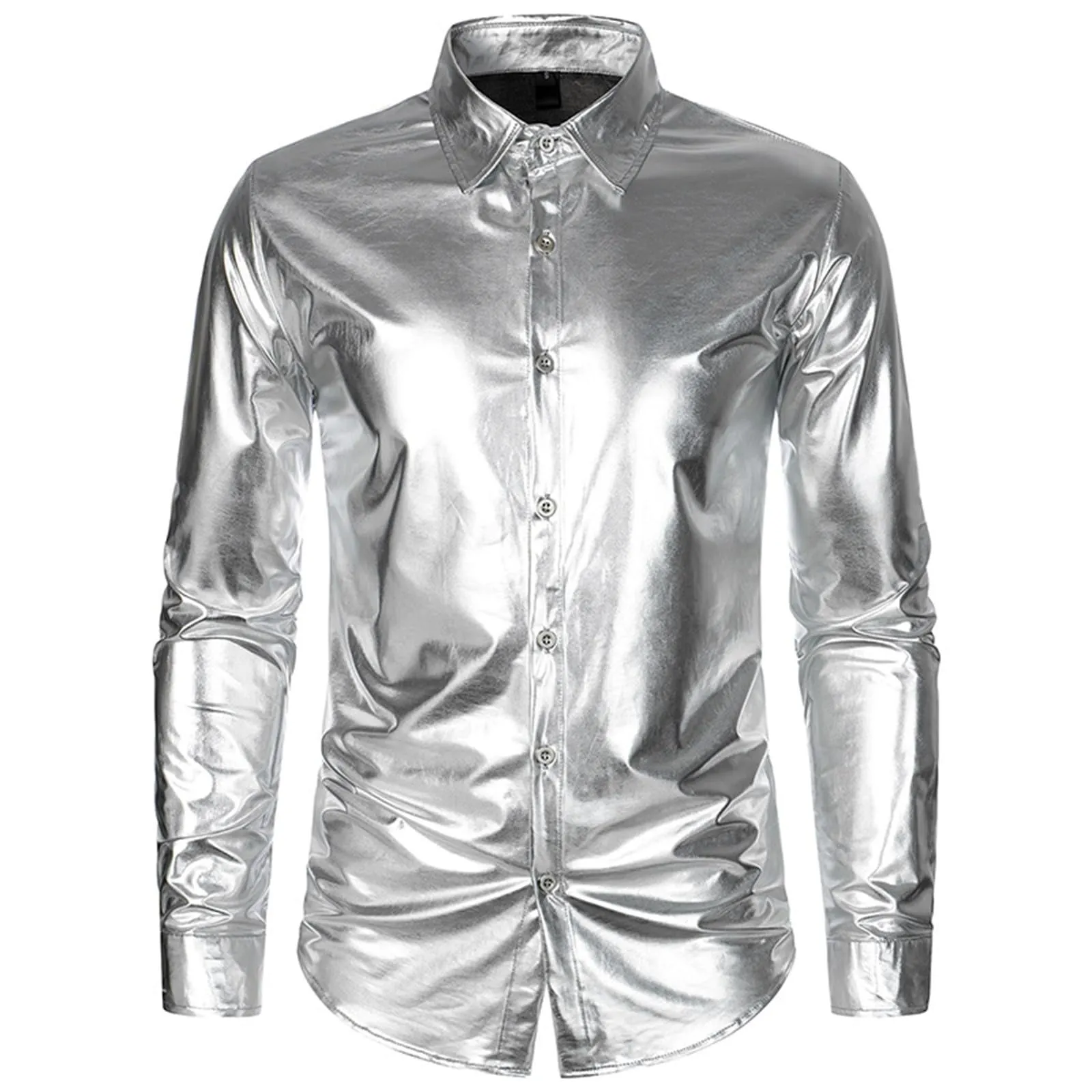 VEMOW Camicia Elegante Uomo in Seta Simile a Raso Lucida - A Bottoni a Maniche Lunghe Slim Fit, Top per Nightclub, Feste, Disco e Prom(1B-Silver, L) - immagine 3