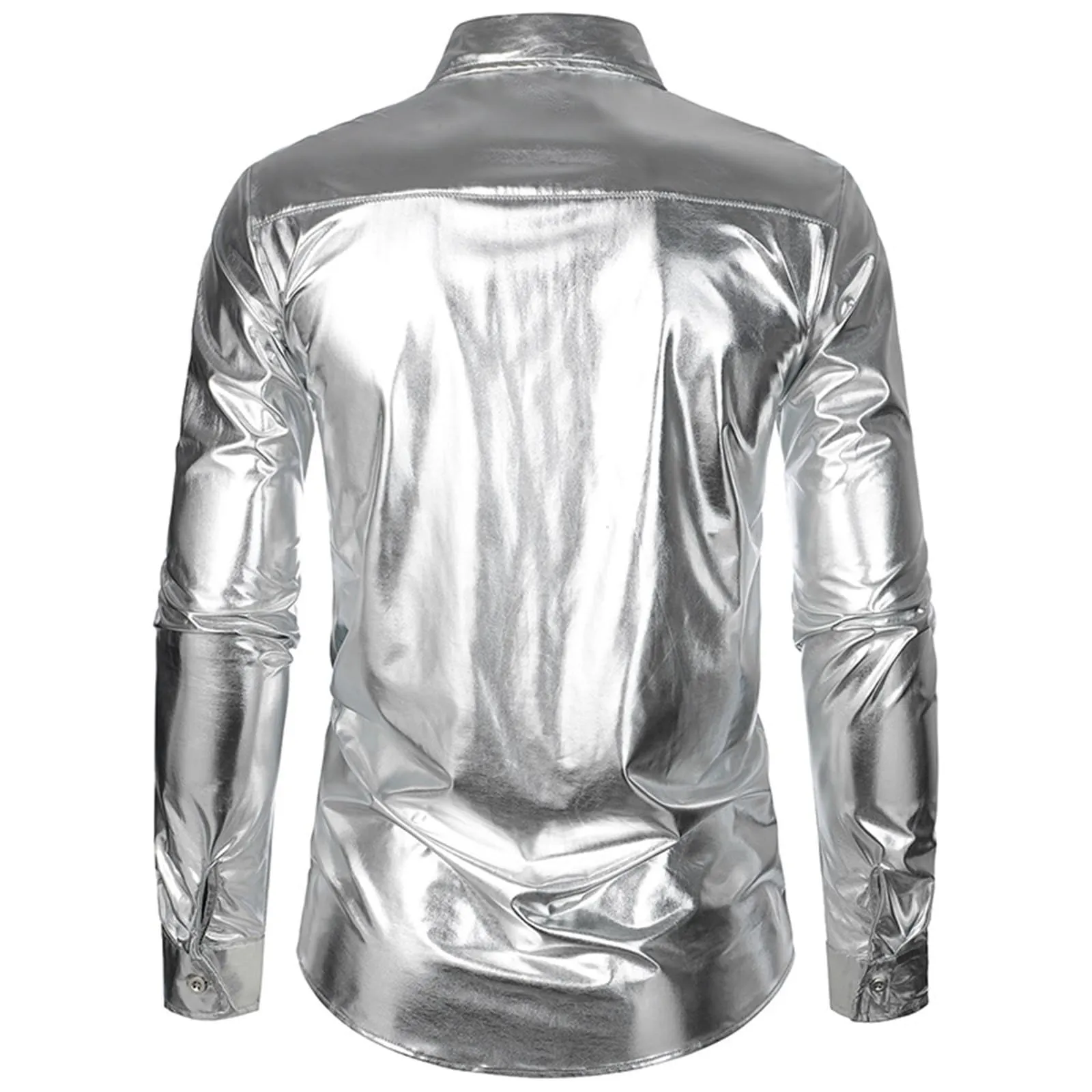 VEMOW Camicia Elegante Uomo in Seta Simile a Raso Lucida - A Bottoni a Maniche Lunghe Slim Fit, Top per Nightclub, Feste, Disco e Prom(1B-Silver, L) - immagine 5