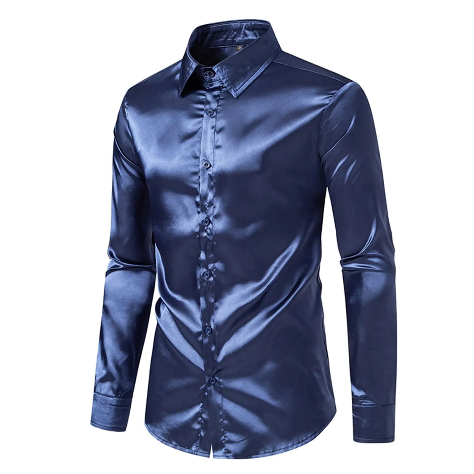 VEMOW Camicia Elegante Uomo in Seta Simile a Raso Lucida - A Bottoni a Maniche Lunghe Slim Fit, Top per Nightclub, Feste, Disco e Prom(1A-Navy, L) - immagine 4
