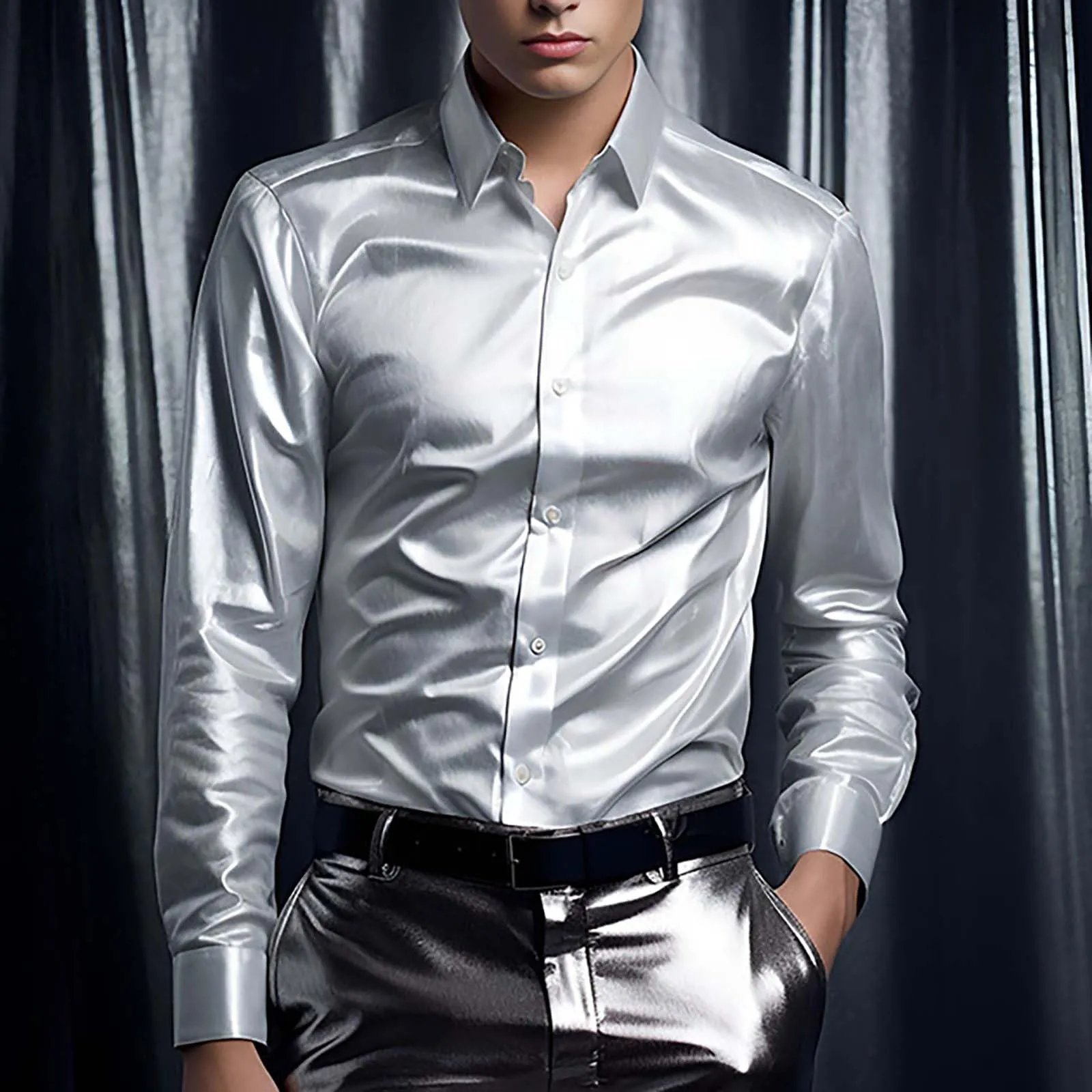 VEMOW Camicia Elegante Uomo in Seta Simile a Raso Lucida - A Bottoni a Maniche Lunghe Slim Fit, Top per Nightclub, Feste, Disco e Prom(1A-Grey, XXL) - immagine 2