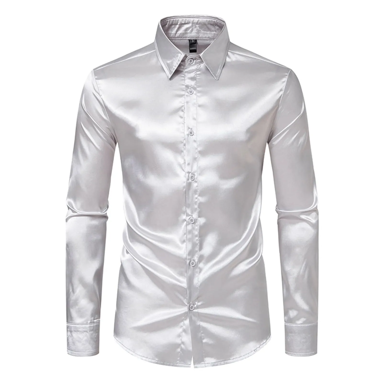 VEMOW Camicia Elegante Uomo in Seta Simile a Raso Lucida - A Bottoni a Maniche Lunghe Slim Fit, Top per Nightclub, Feste, Disco e Prom(1A-Grey, XL) - immagine 3