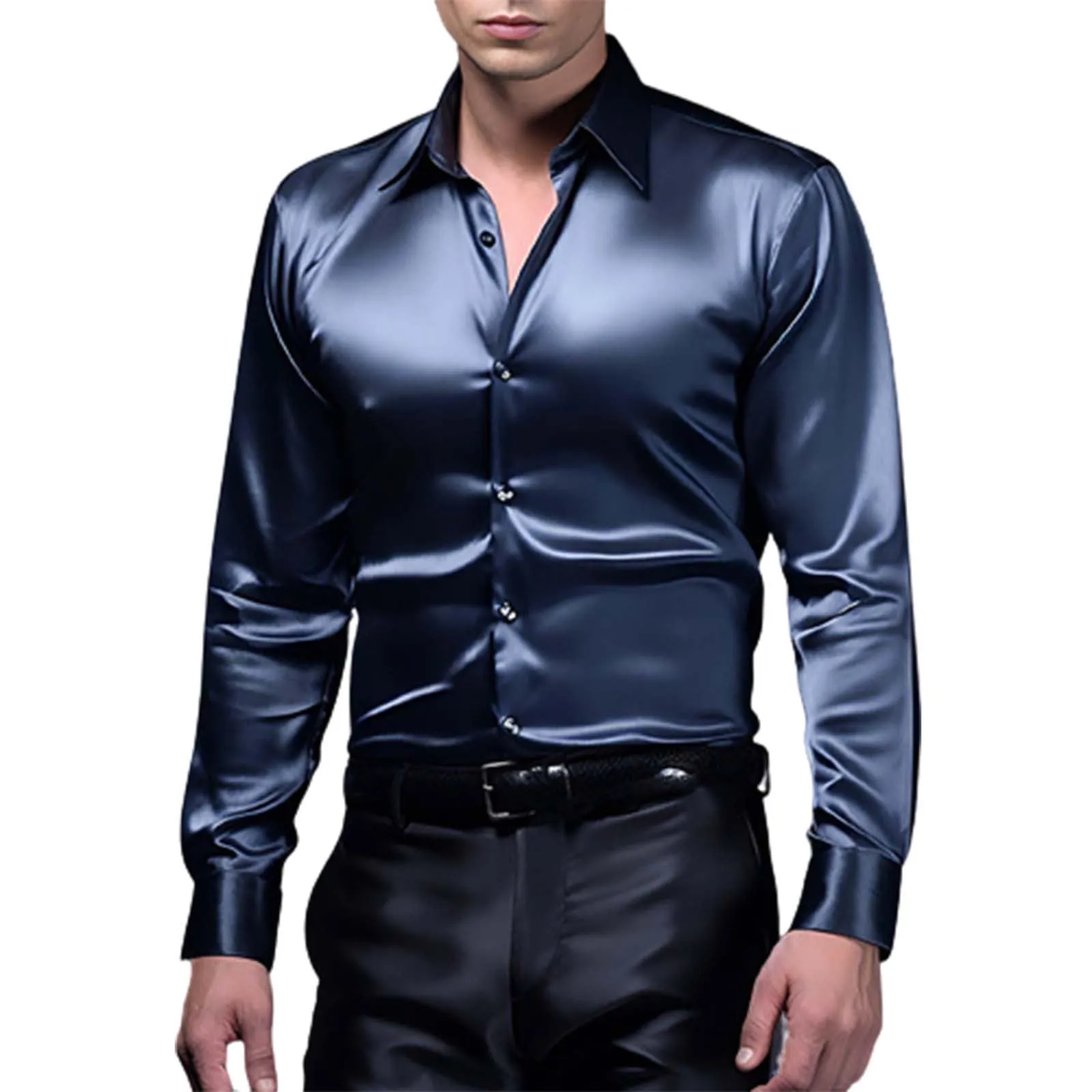VEMOW Camicia Elegante Uomo in Seta Simile a Raso Lucida - A Bottoni a Maniche Lunghe Slim Fit, Top per Nightclub, Feste, Disco e Prom(1A-Navy, XL) - immagine 1