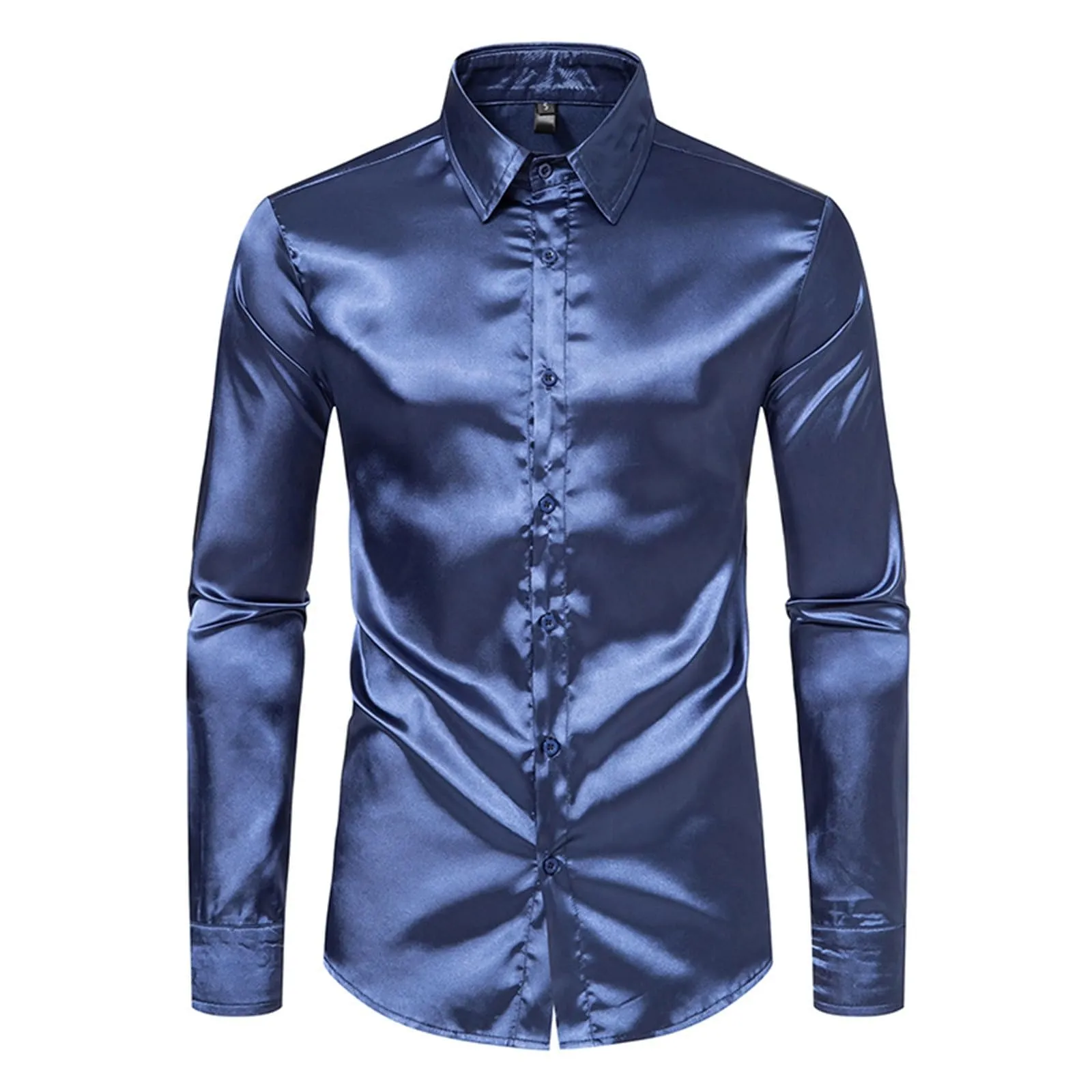 VEMOW Camicia Elegante Uomo in Seta Simile a Raso Lucida - A Bottoni a Maniche Lunghe Slim Fit, Top per Nightclub, Feste, Disco e Prom(1A-Navy, XL) - immagine 3