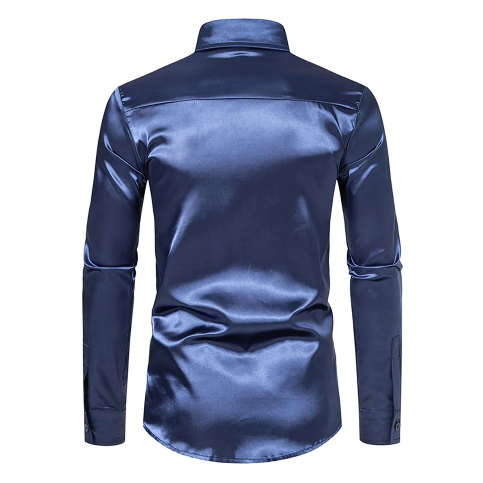 VEMOW Camicia Elegante Uomo in Seta Simile a Raso Lucida - A Bottoni a Maniche Lunghe Slim Fit, Top per Nightclub, Feste, Disco e Prom(1A-Navy, XL) - immagine 5