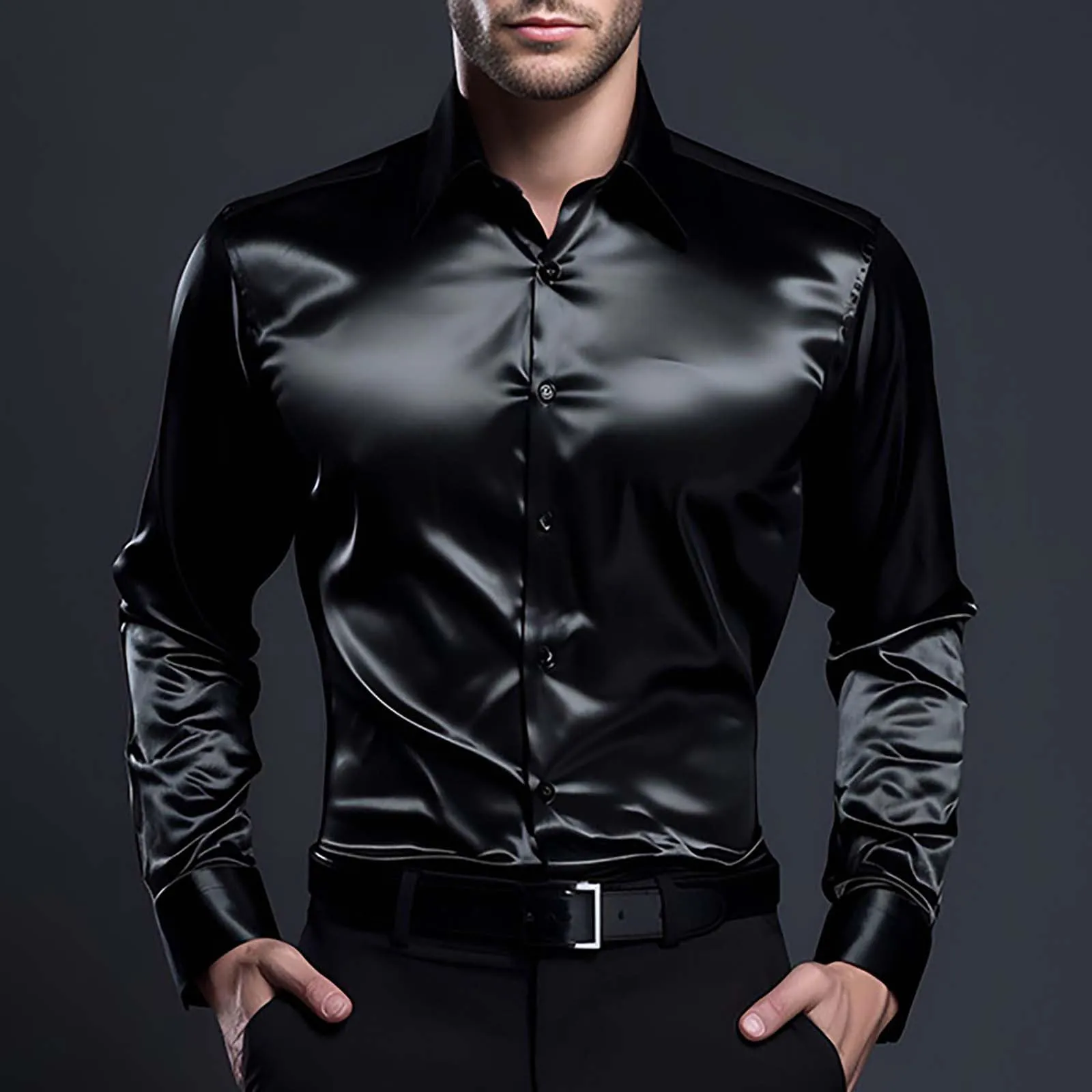 VEMOW Camicia Elegante Uomo in Seta Simile a Raso Lucida - A Bottoni a Maniche Lunghe Slim Fit, Top per Nightclub, Feste, Disco e Prom(1A-Black, S) - immagine 2