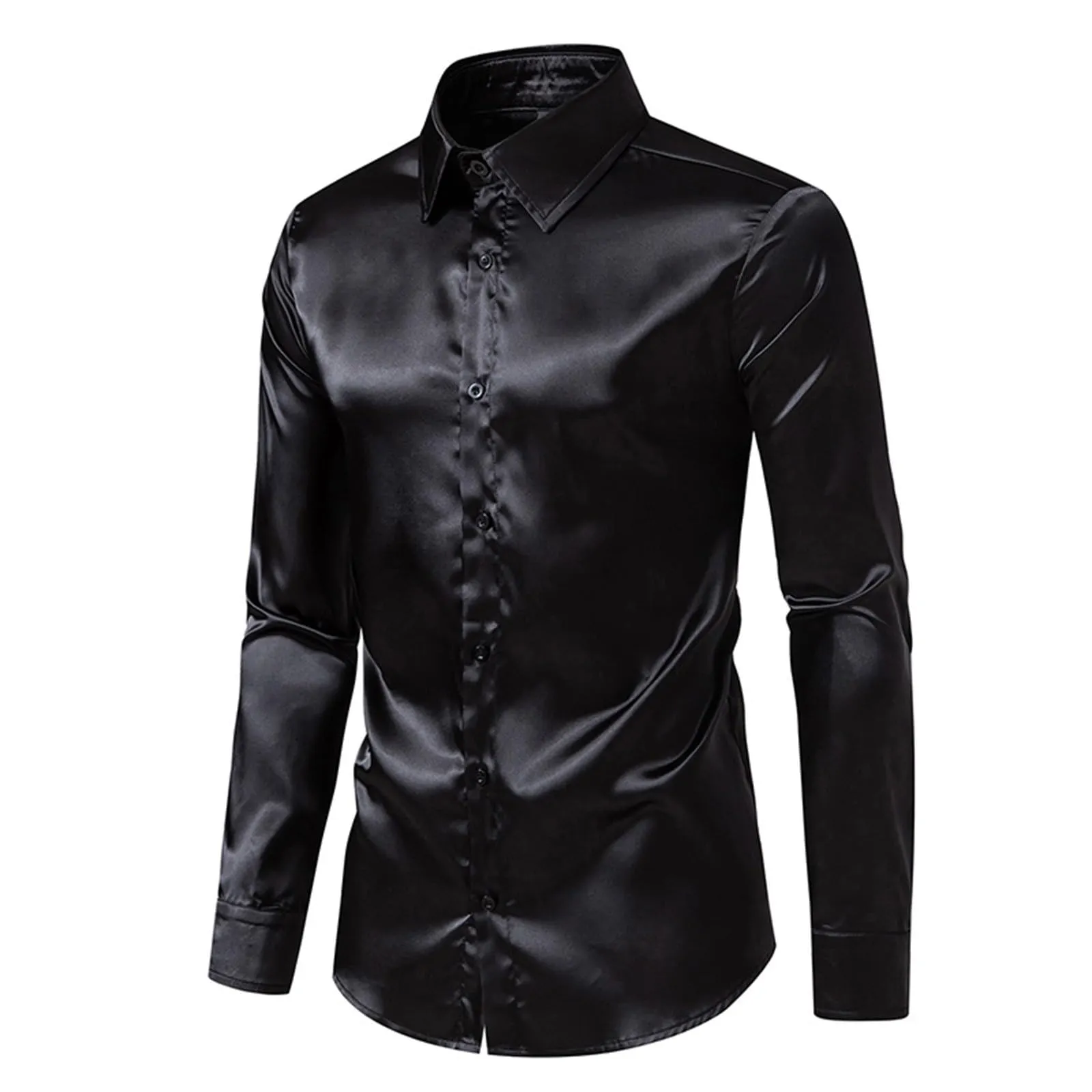 VEMOW Camicia Elegante Uomo in Seta Simile a Raso Lucida - A Bottoni a Maniche Lunghe Slim Fit, Top per Nightclub, Feste, Disco e Prom(1A-Black, S) - immagine 5