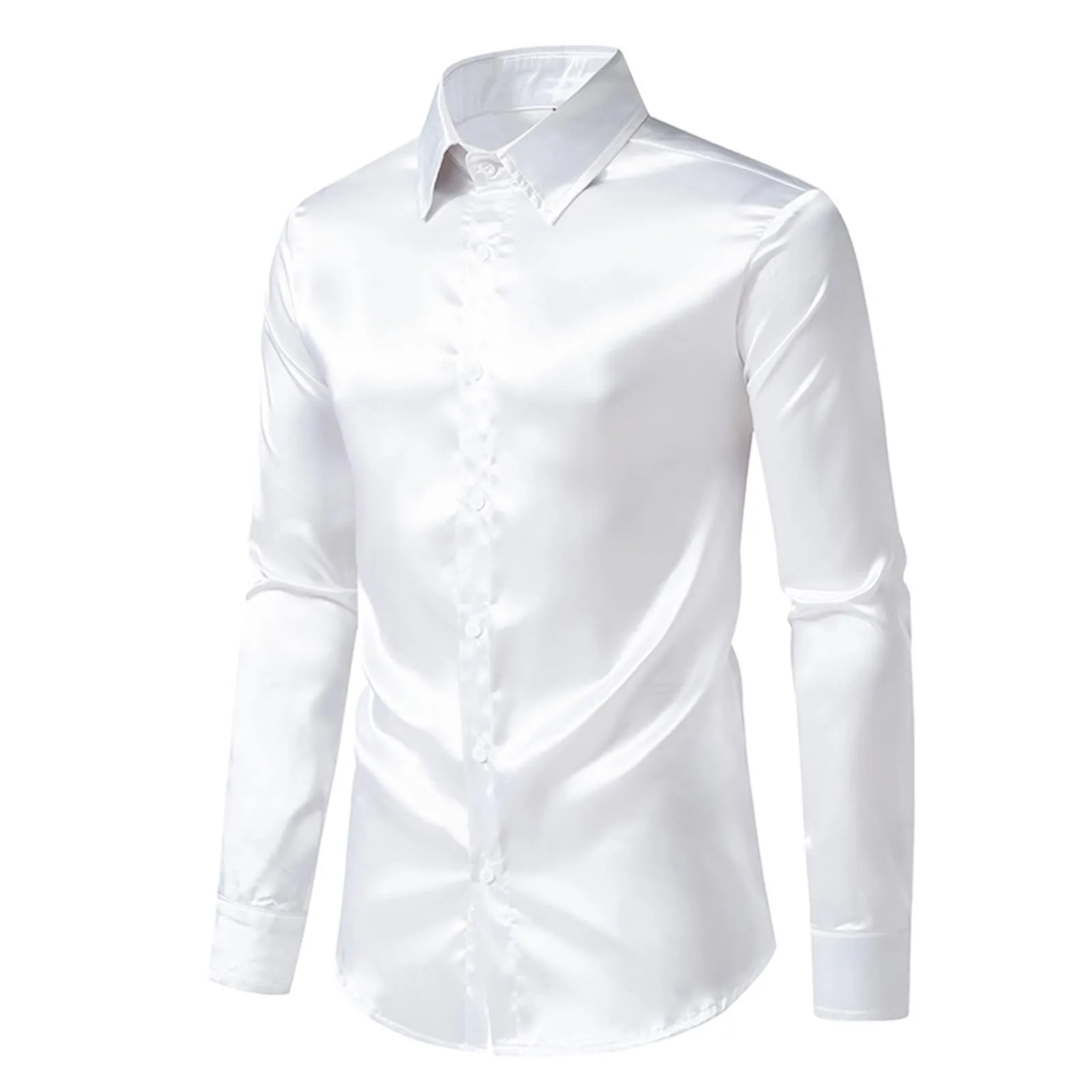 VEMOW Camicia Elegante Uomo in Seta Simile a Raso Lucida - A Bottoni a Maniche Lunghe Slim Fit, Top per Nightclub, Feste, Disco e Prom(1A-White, S) - immagine 4