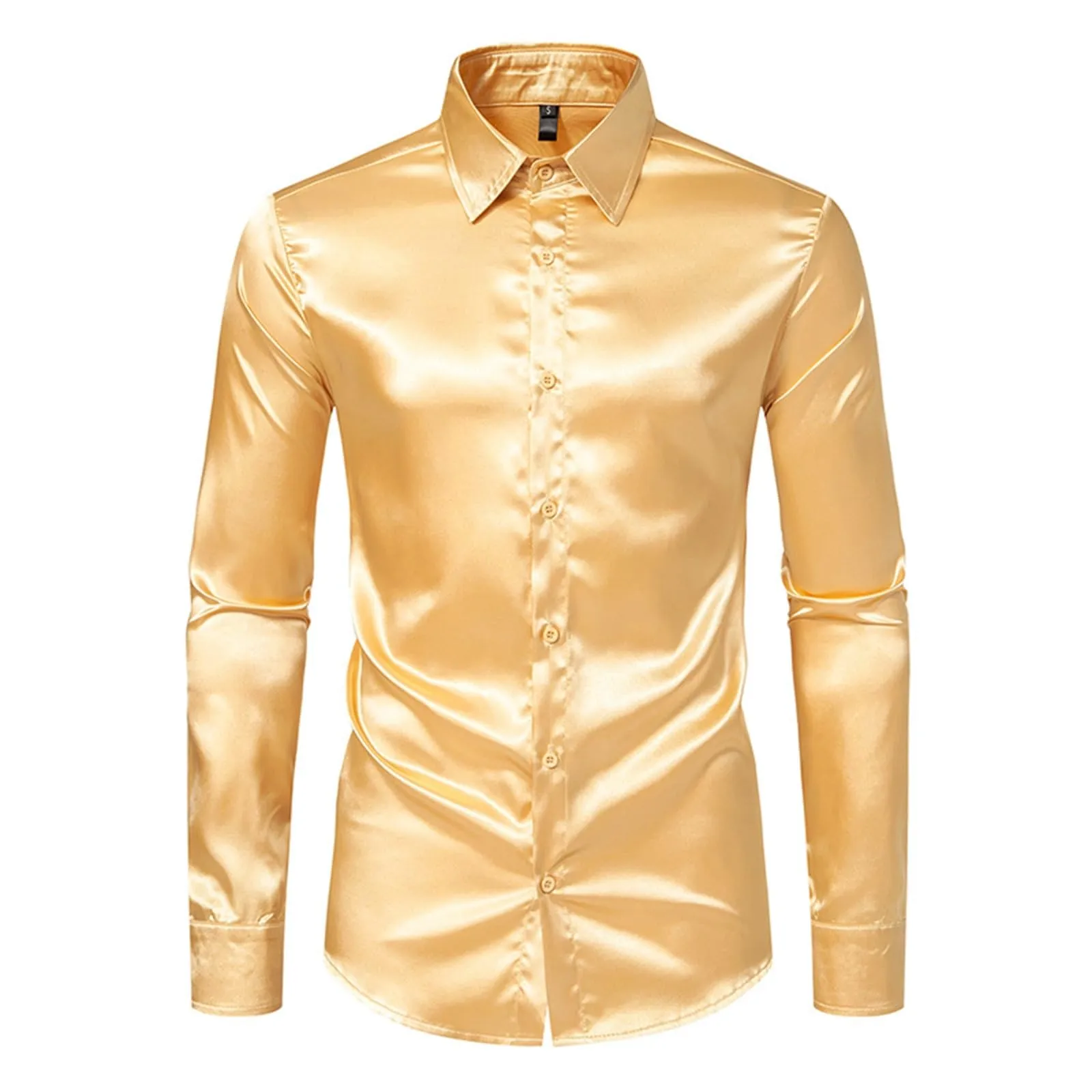 VEMOW Camicia Elegante Uomo in Seta Simile a Raso Lucida - A Bottoni a Maniche Lunghe Slim Fit, Top per Nightclub, Feste, Disco e Prom(1A-Yellow, L) - immagine 3