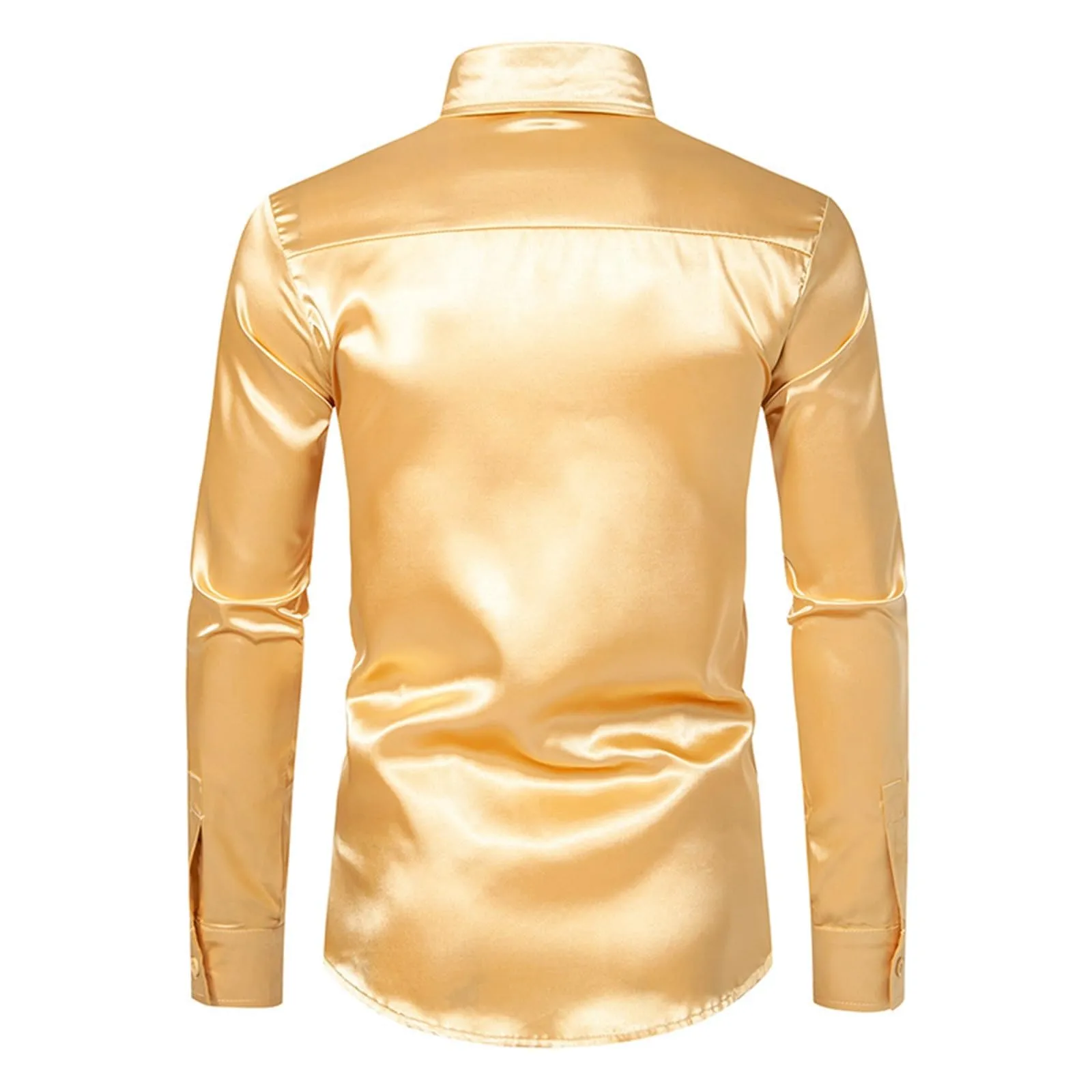 VEMOW Camicia Elegante Uomo in Seta Simile a Raso Lucida - A Bottoni a Maniche Lunghe Slim Fit, Top per Nightclub, Feste, Disco e Prom(1A-Yellow, L) - immagine 4
