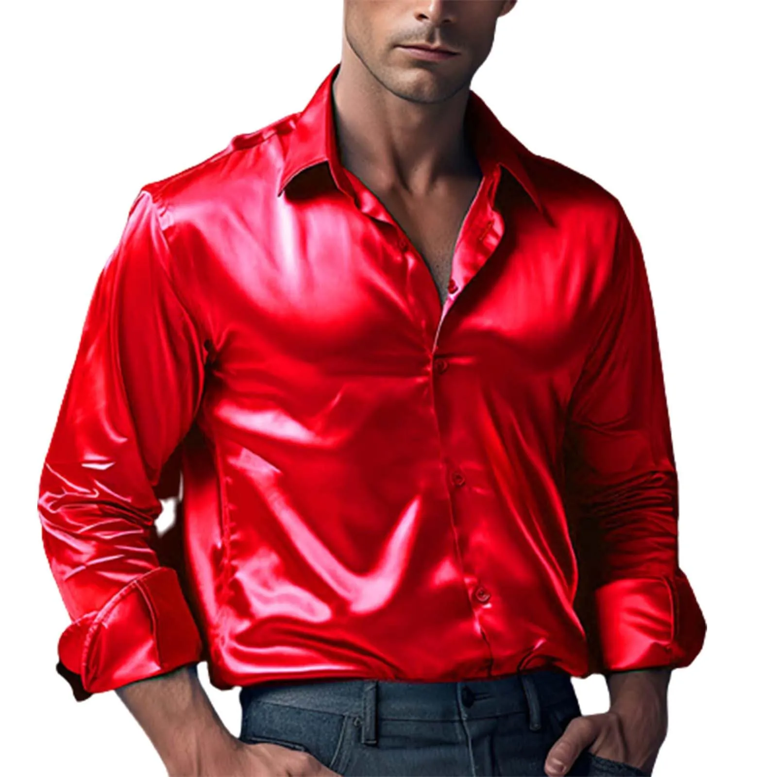 VEMOW Camicia Elegante Uomo in Seta Simile a Raso Lucida - A Bottoni a Maniche Lunghe Slim Fit, Top per Nightclub, Feste, Disco e Prom(1A-Red, XXL) - immagine 1
