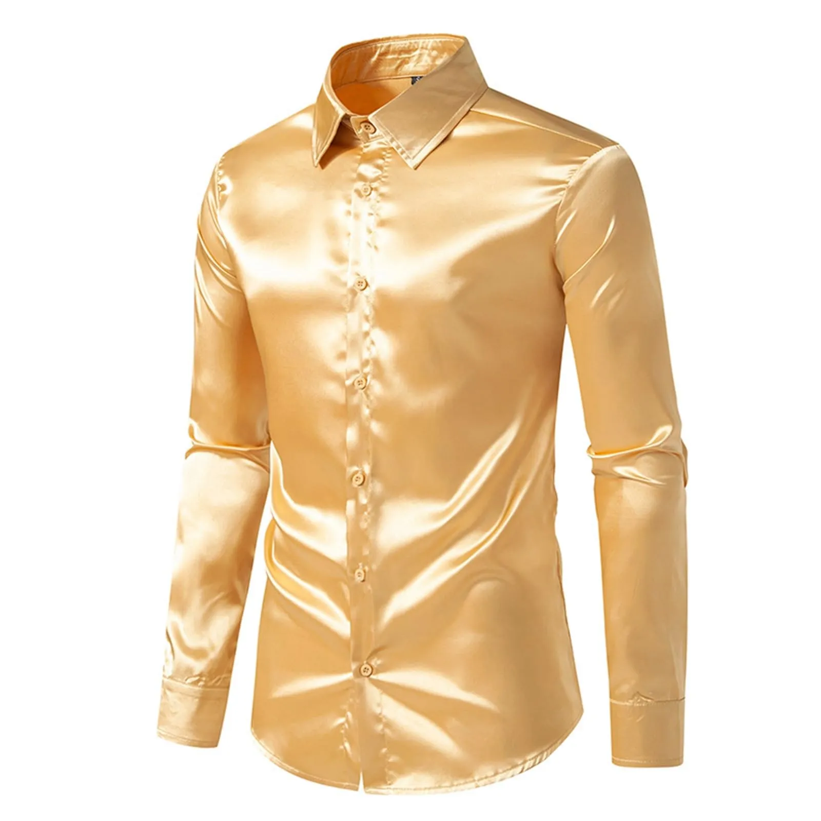 VEMOW Camicia Elegante Uomo in Seta Simile a Raso Lucida - A Bottoni a Maniche Lunghe Slim Fit, Top per Nightclub, Feste, Disco e Prom(1A-Yellow, XL) - immagine 5