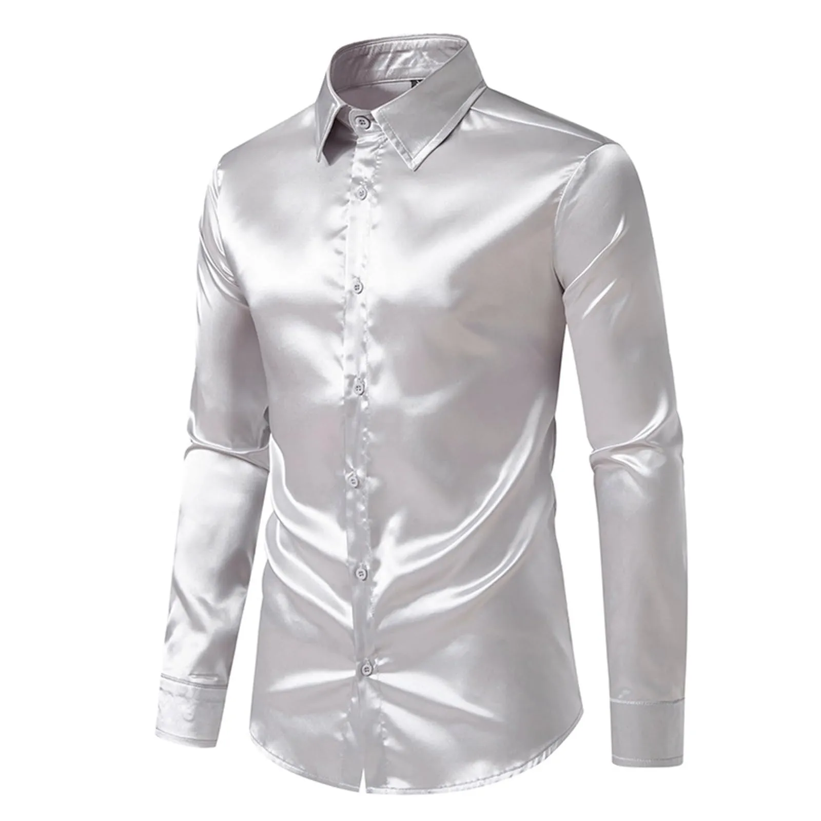 VEMOW Camicia Elegante Uomo in Seta Simile a Raso Lucida - A Bottoni a Maniche Lunghe Slim Fit, Top per Nightclub, Feste, Disco e Prom(1A-Grey, S) - immagine 5