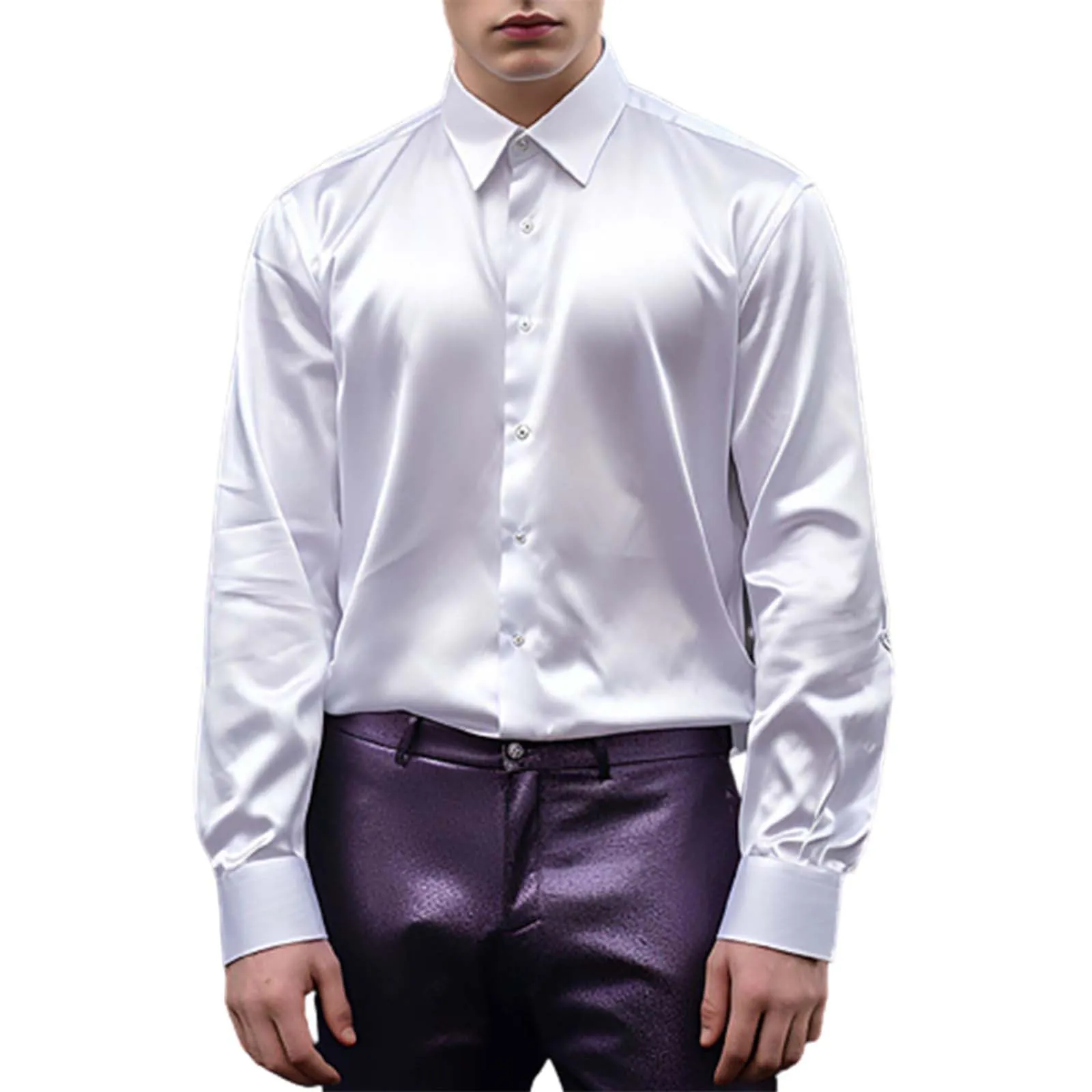 VEMOW Camicia Elegante Uomo in Seta Simile a Raso Lucida - A Bottoni a Maniche Lunghe Slim Fit, Top per Nightclub, Feste, Disco e Prom(1A-White, L) - immagine 1
