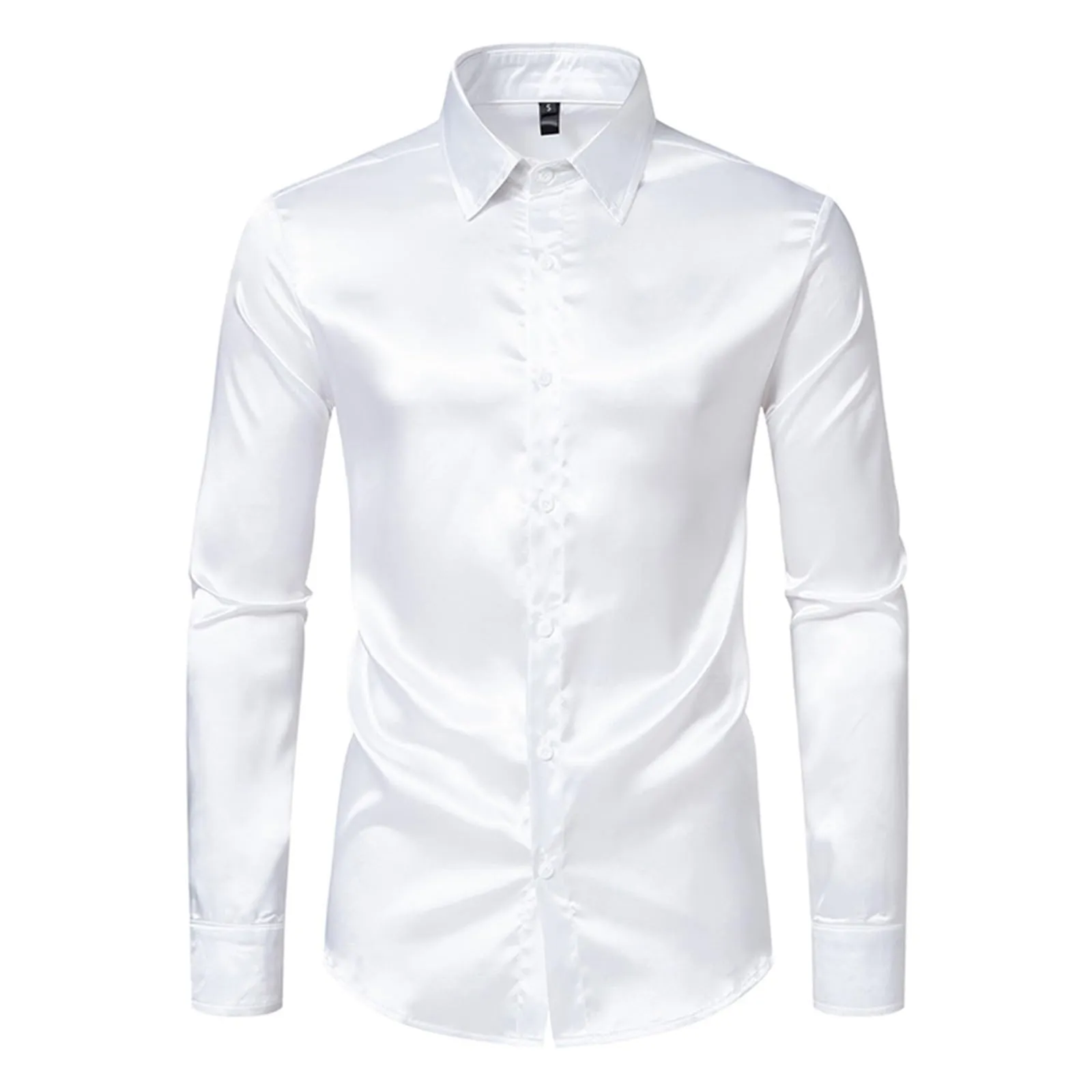 VEMOW Camicia Elegante Uomo in Seta Simile a Raso Lucida - A Bottoni a Maniche Lunghe Slim Fit, Top per Nightclub, Feste, Disco e Prom(1A-White, L) - immagine 3