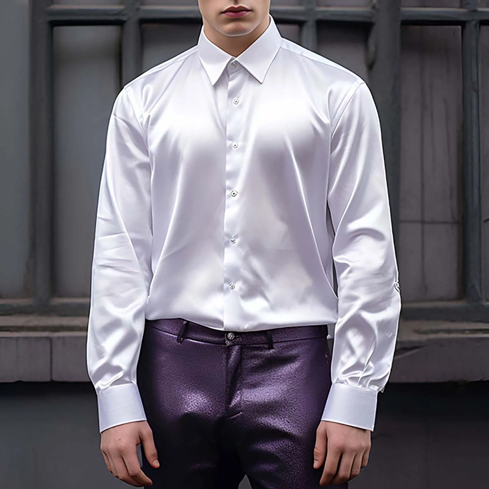 VEMOW Camicia Elegante Uomo in Seta Simile a Raso Lucida - A Bottoni a Maniche Lunghe Slim Fit, Top per Nightclub, Feste, Disco e Prom(1A-White, XXL) - immagine 2