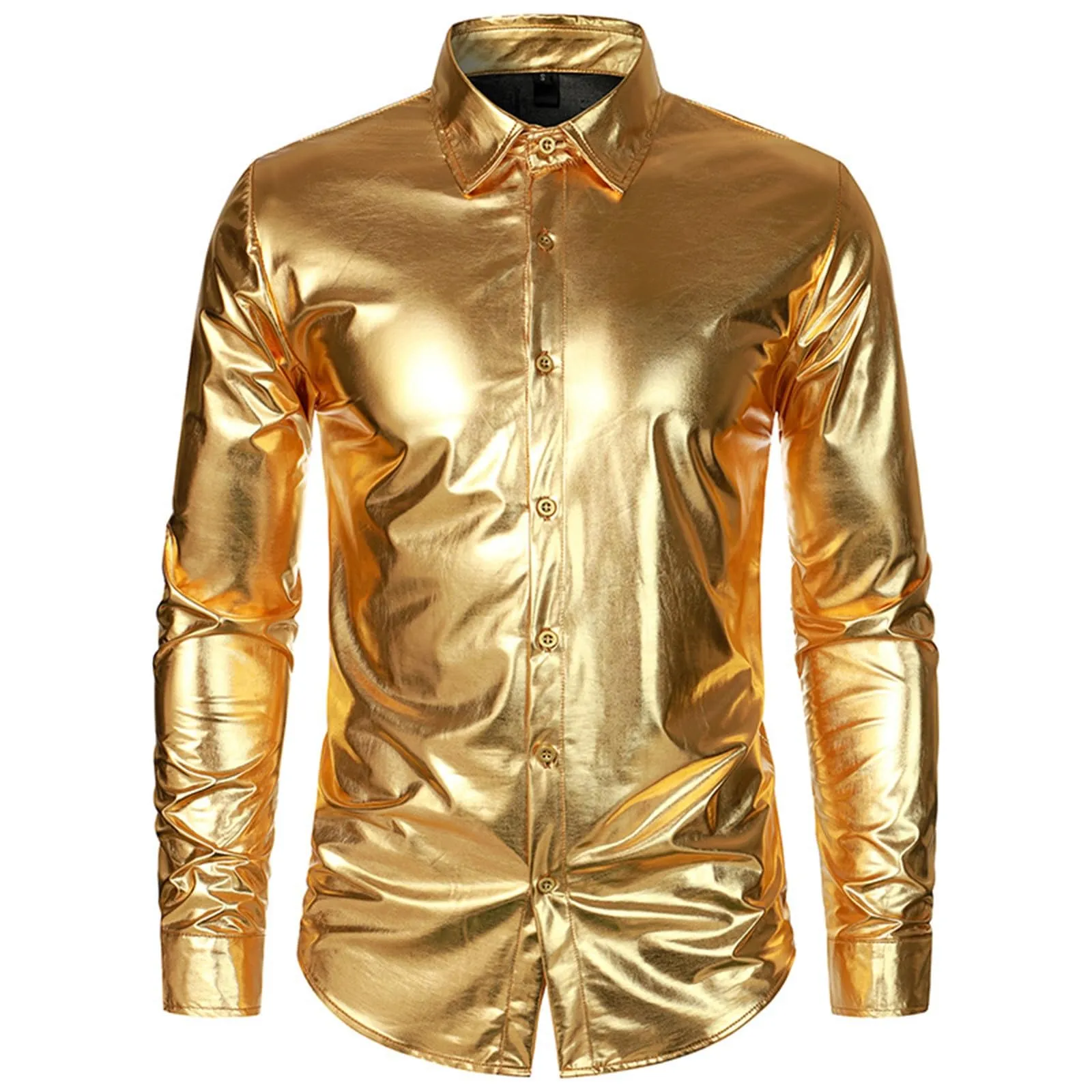 VEMOW Camicia Elegante Uomo in Seta Simile a Raso Lucida - A Bottoni a Maniche Lunghe Slim Fit, Top per Nightclub, Feste, Disco e Prom(1B-Gold, S) - immagine 3