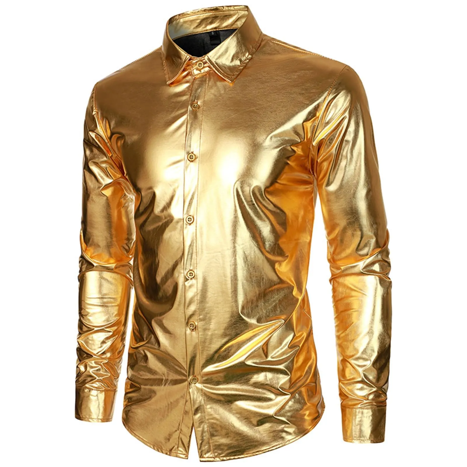 VEMOW Camicia Elegante Uomo in Seta Simile a Raso Lucida - A Bottoni a Maniche Lunghe Slim Fit, Top per Nightclub, Feste, Disco e Prom(1B-Gold, S) - immagine 5