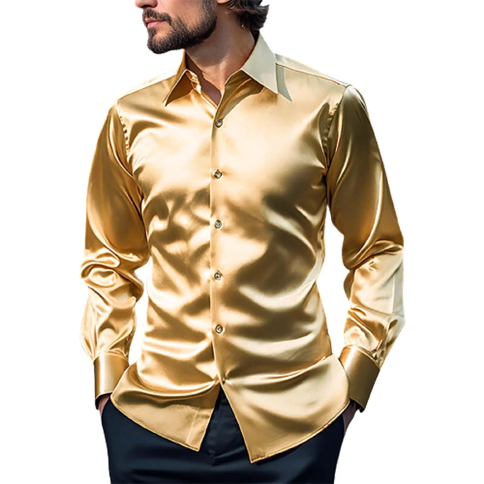 VEMOW Camicia Elegante Uomo in Seta Simile a Raso Lucida - A Bottoni a Maniche Lunghe Slim Fit, Top per Nightclub, Feste, Disco e Prom(1A-Yellow, M) - immagine 1