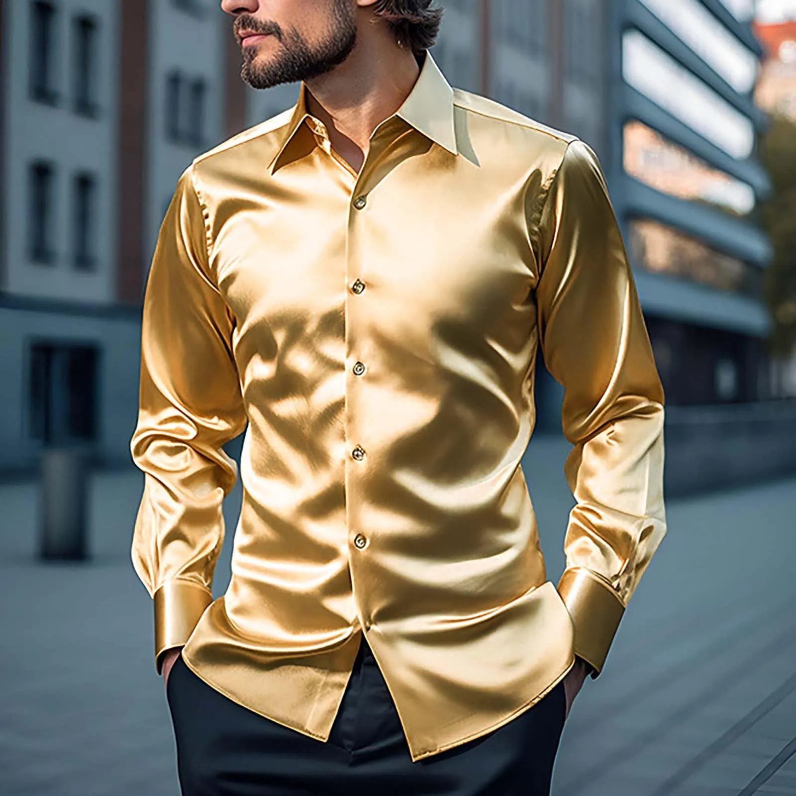 VEMOW Camicia Elegante Uomo in Seta Simile a Raso Lucida - A Bottoni a Maniche Lunghe Slim Fit, Top per Nightclub, Feste, Disco e Prom(1A-Yellow, M) - immagine 2