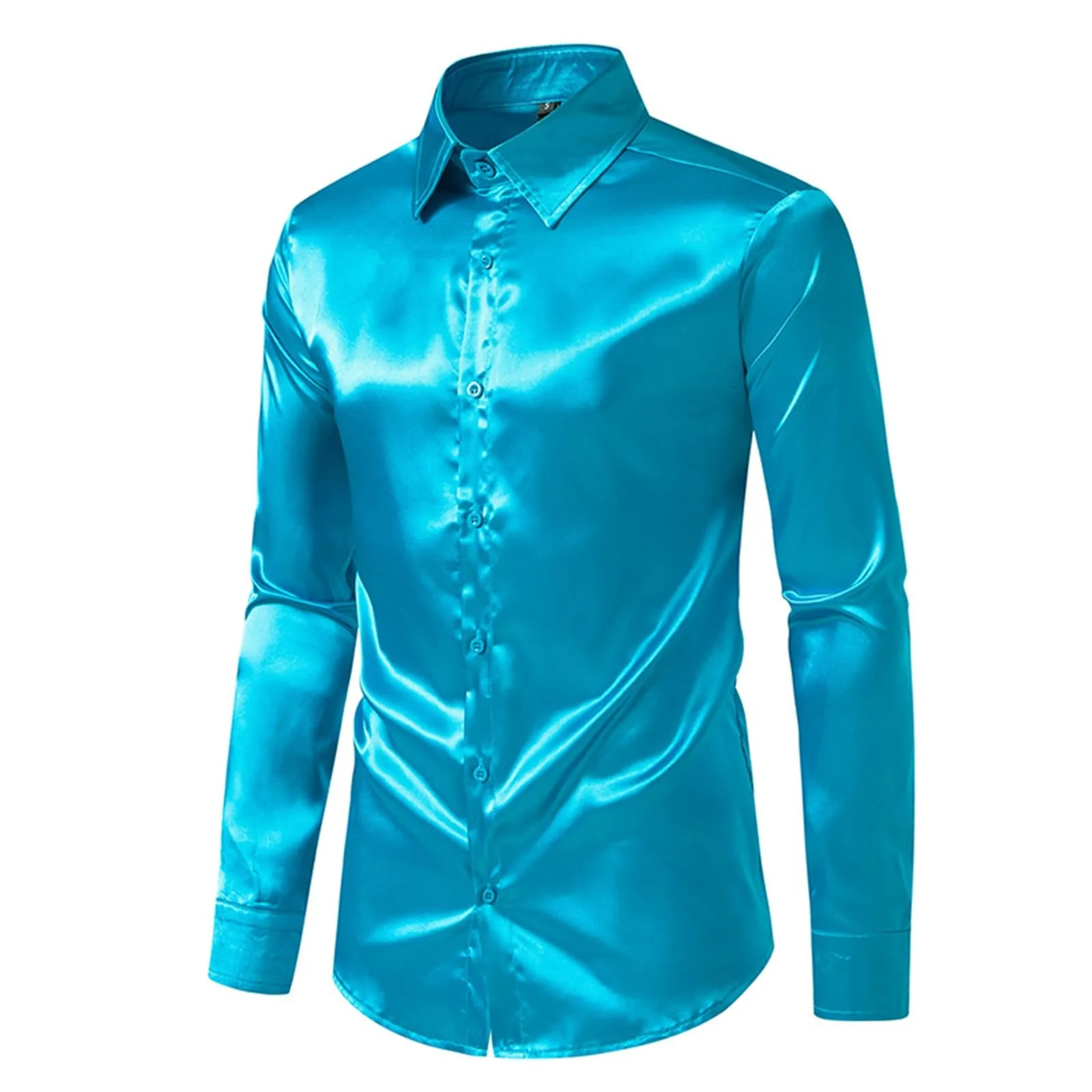 VEMOW Camicia Elegante Uomo in Seta Simile a Raso Lucida - A Bottoni a Maniche Lunghe Slim Fit, Top per Nightclub, Feste, Disco e Prom(1A-Blue, M) - immagine 5