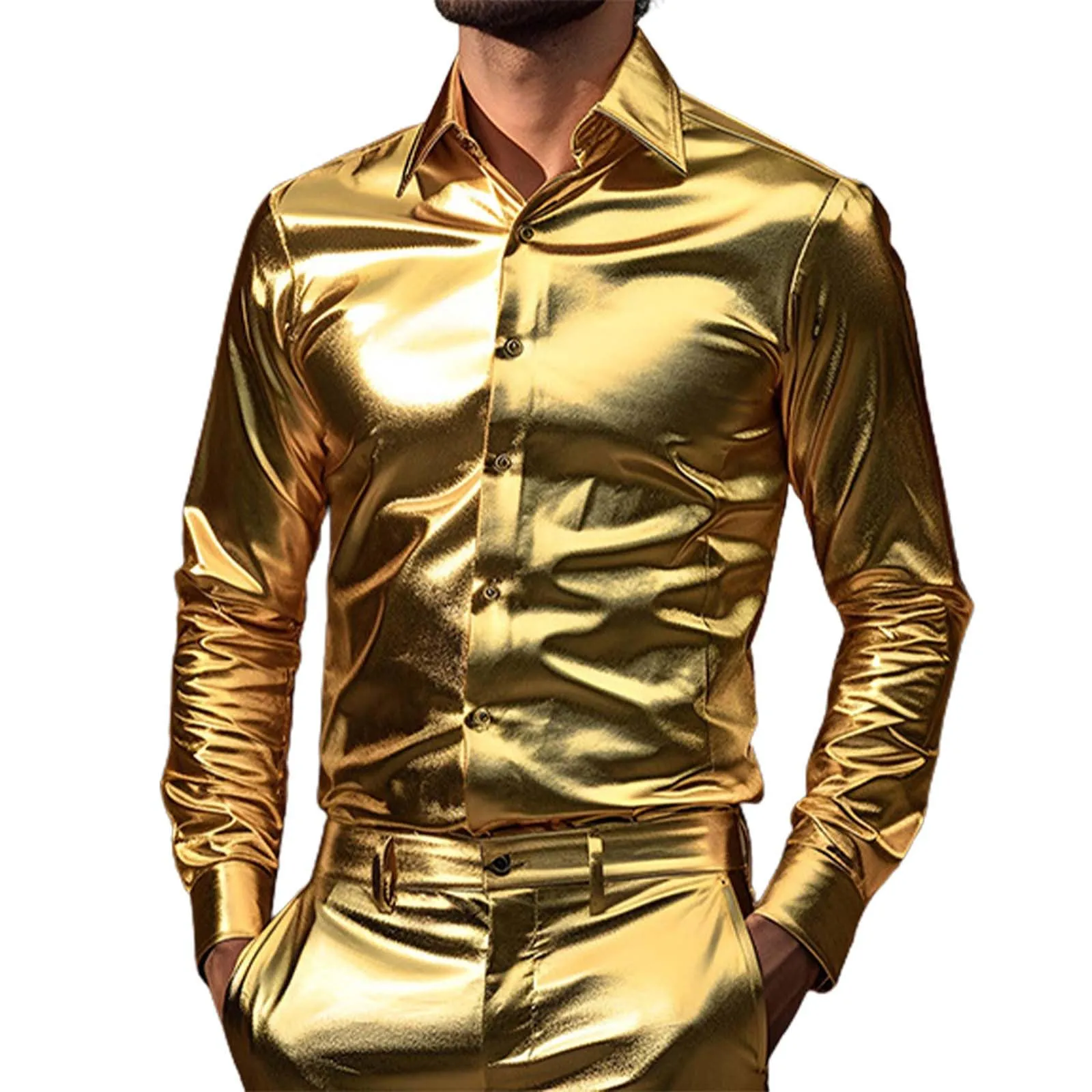 VEMOW Camicia Elegante Uomo in Seta Simile a Raso Lucida - A Bottoni a Maniche Lunghe Slim Fit, Top per Nightclub, Feste, Disco e Prom(1B-Gold, XXL) - immagine 1