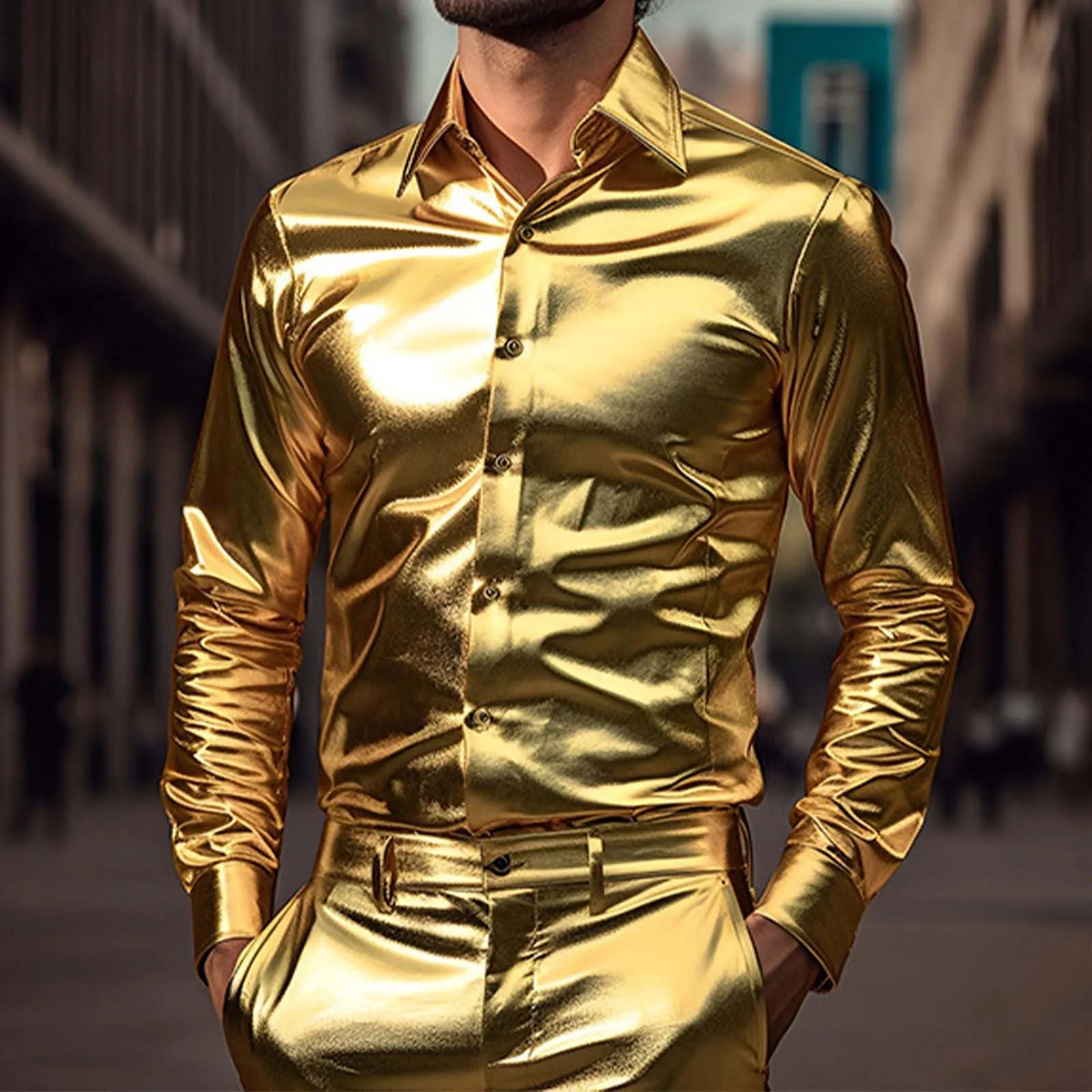 VEMOW Camicia Elegante Uomo in Seta Simile a Raso Lucida - A Bottoni a Maniche Lunghe Slim Fit, Top per Nightclub, Feste, Disco e Prom(1B-Gold, XXL) - immagine 2
